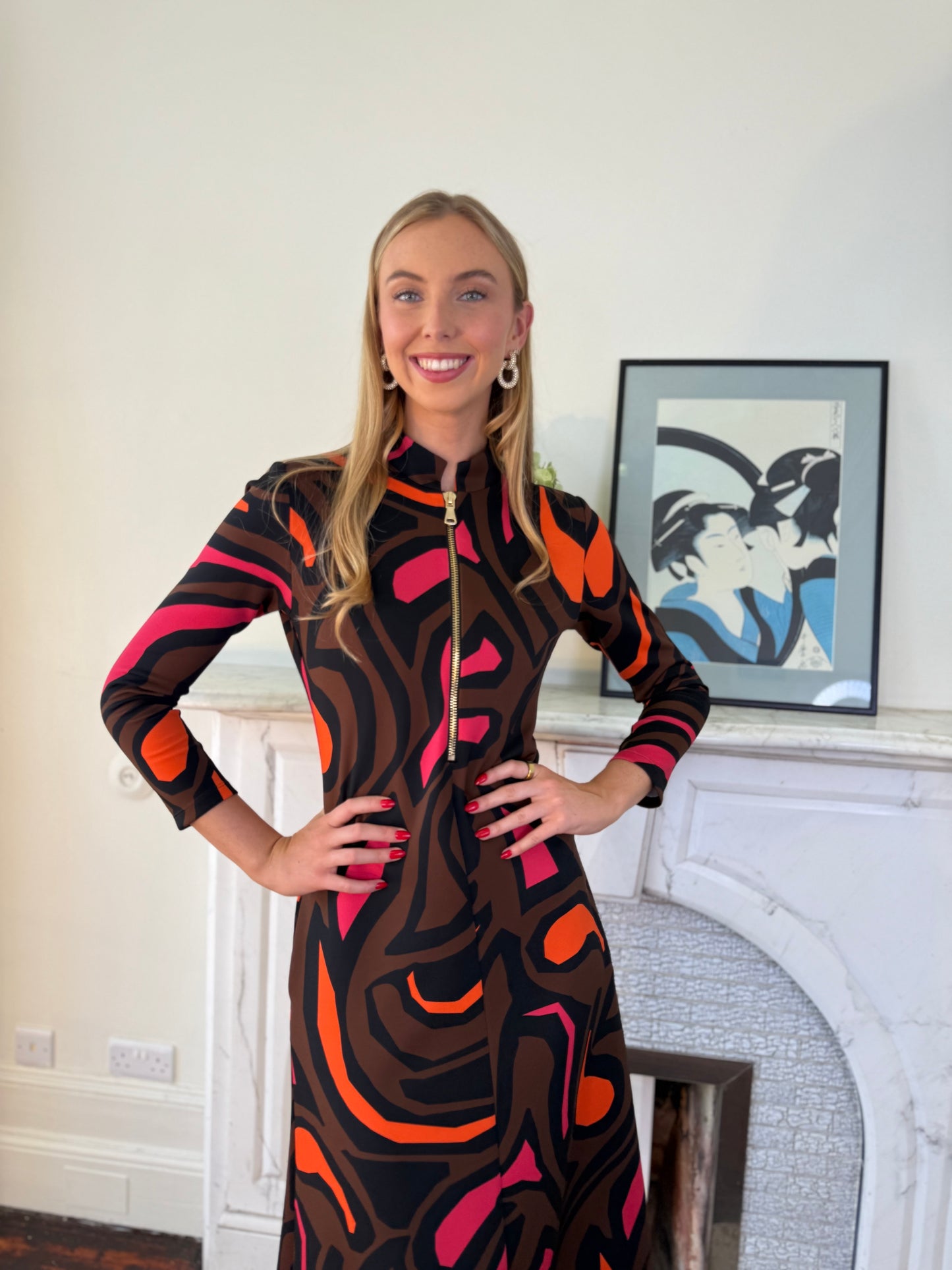Moskada Abstract Print Neopren Dress with Zip Detail