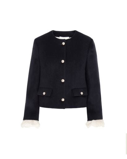 Beatrice B Dark Sapphire Wool Short Jacket with Detachable White Cuff Detail