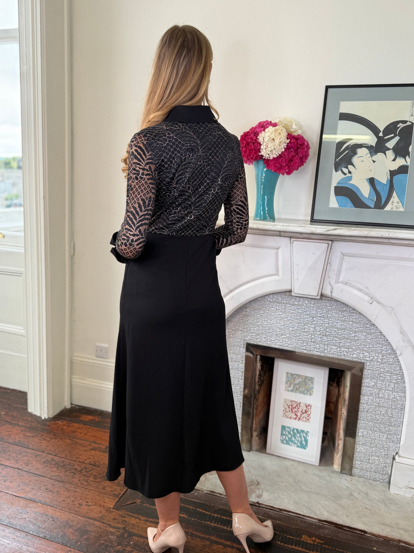 Kameya Black Lace and Satin Dress with Cuff and Collar Detail