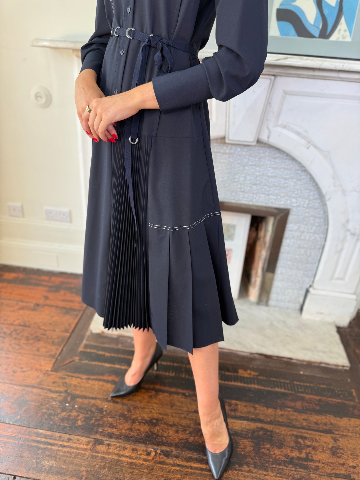 Beatrice B Dark Sapphire Shirt Dress with White Stitching Detail