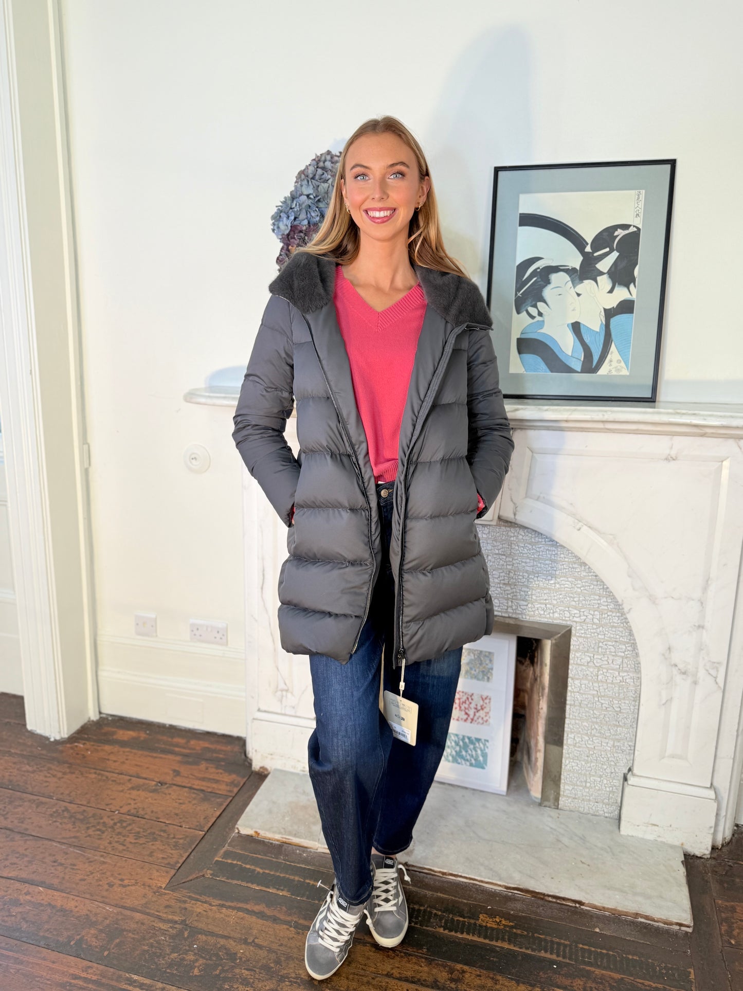 Herno Arendelle A-Shape Grey Quilted Jacket with Faux Fur Lined Hood