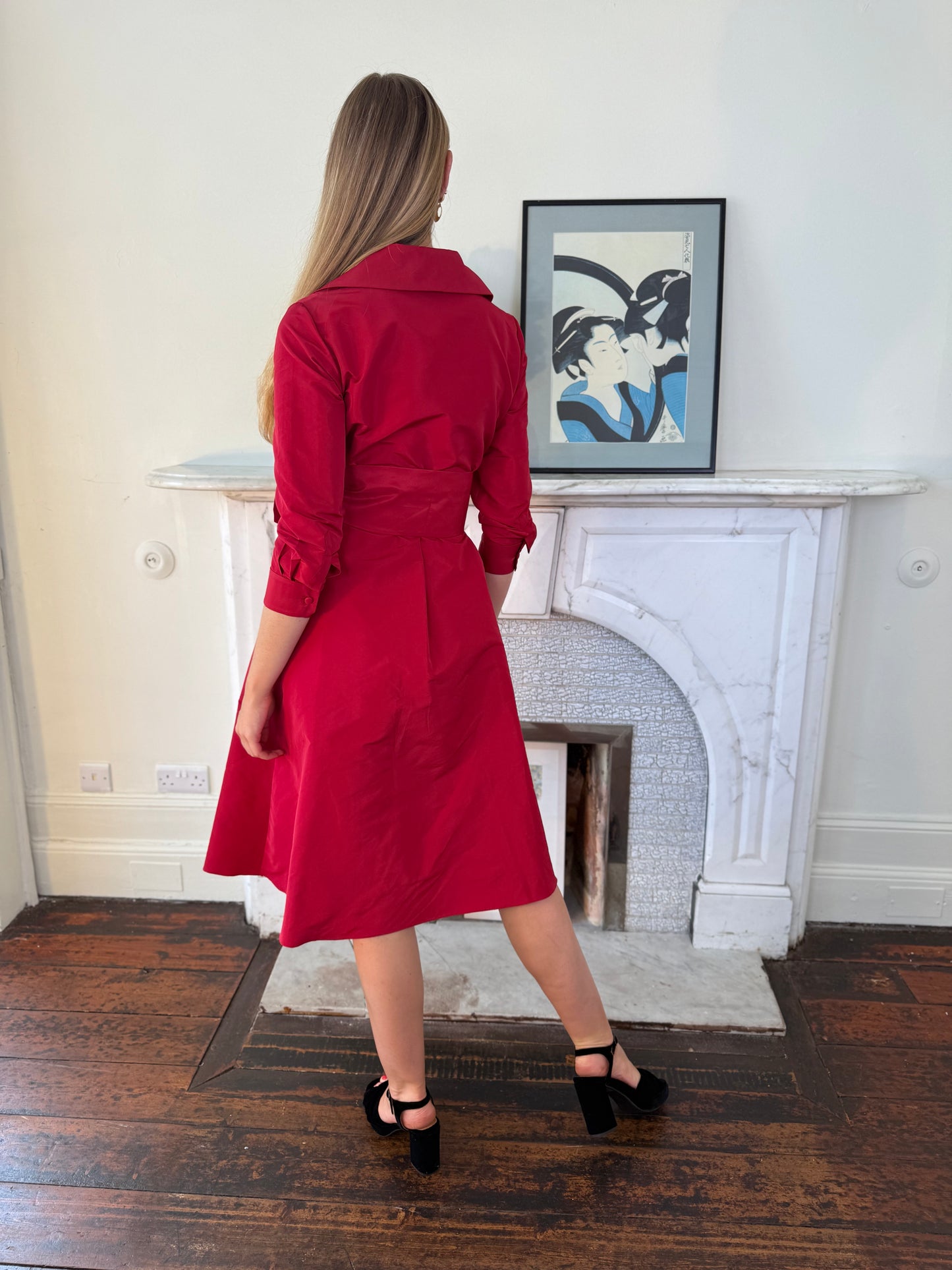 Moskada Burgundy Red Wrap Taffeta Dress with Belt