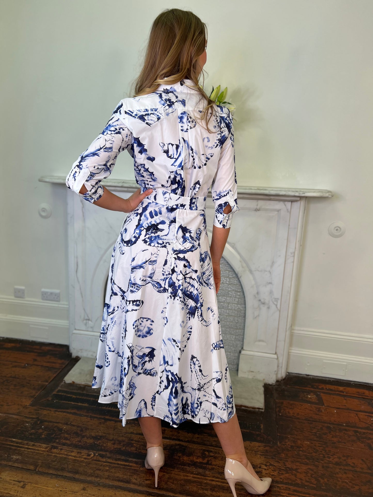 Dralla Seahorse Printed Poplin Cotton Shirt  Dress with Tie Detail