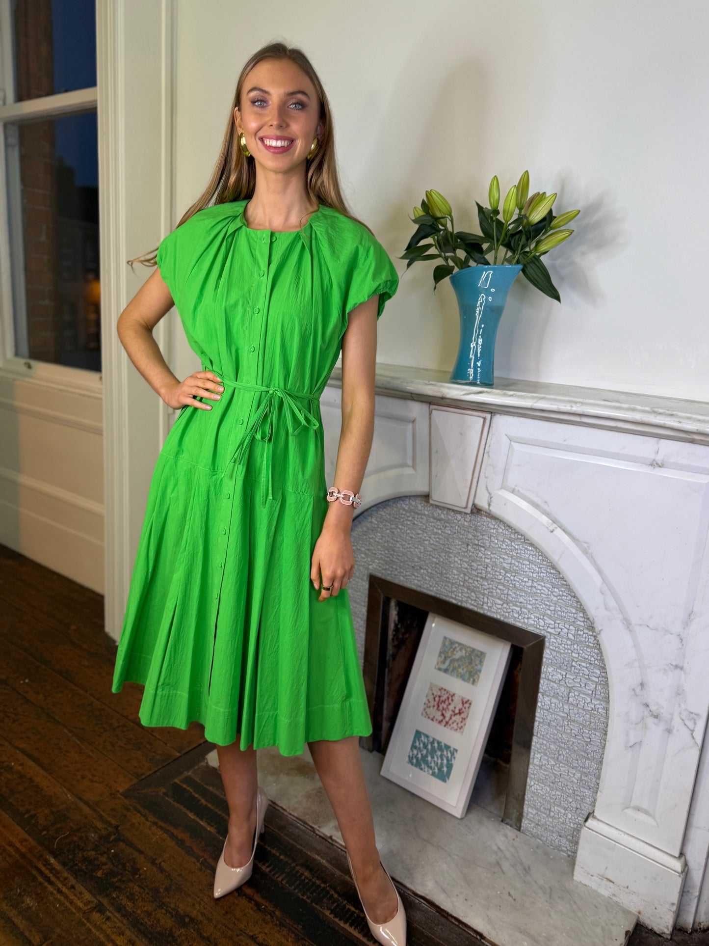 Beatrice B Atlas Green Drop Waist Dress in Cotton Poplin