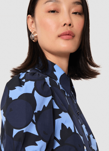 Tara Jarmon Titquan Navy and Blue Printed Shirt with Short Sleeves