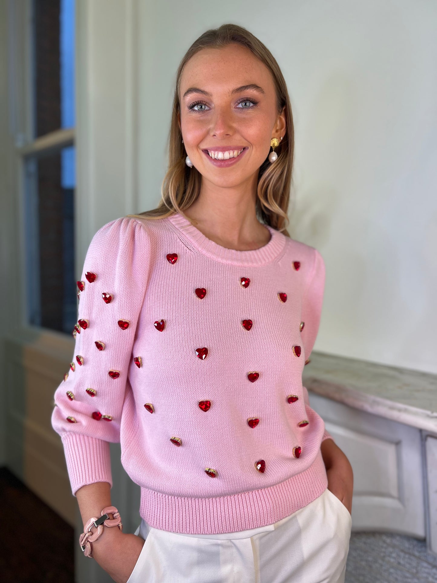 Pink Cotton Jumper with Love Heart Jewel Beading