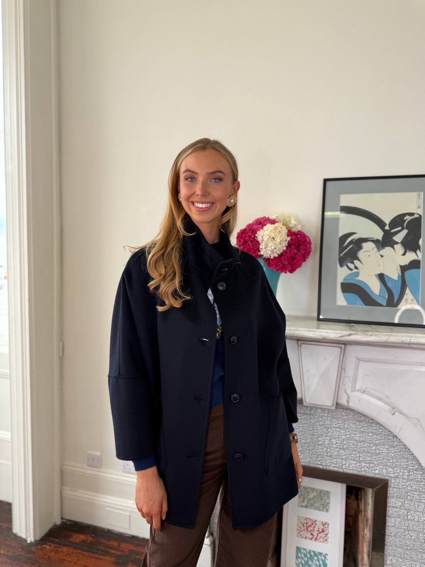 Iblues Brunner Double Faced Wool Car Coat in Navy