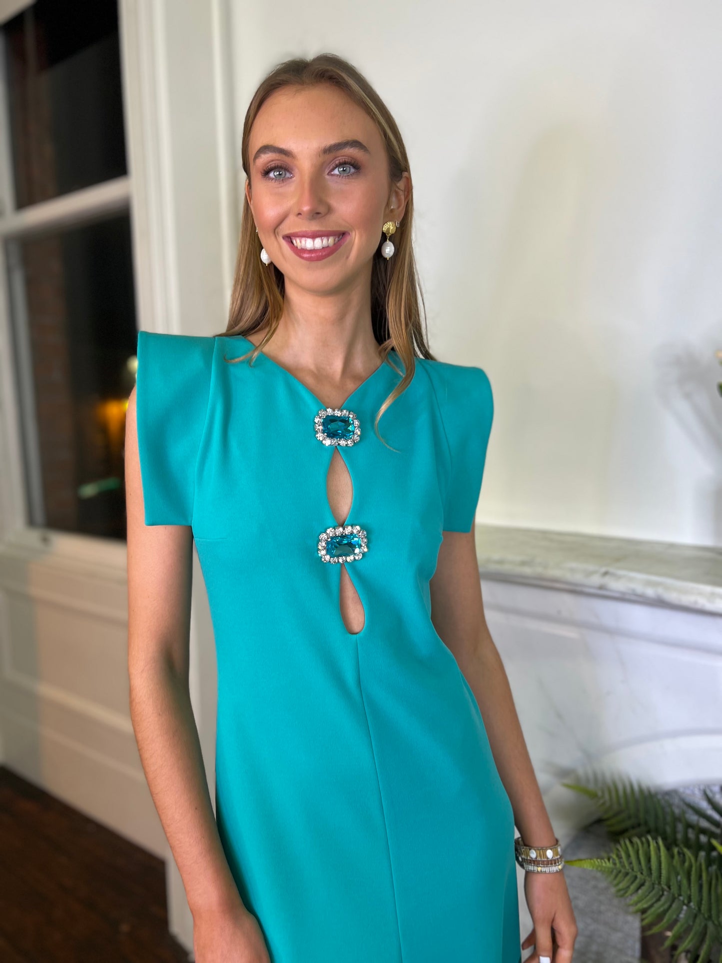 Moskada Jade Green Crepe Midi Dress with Jewel Embellishment