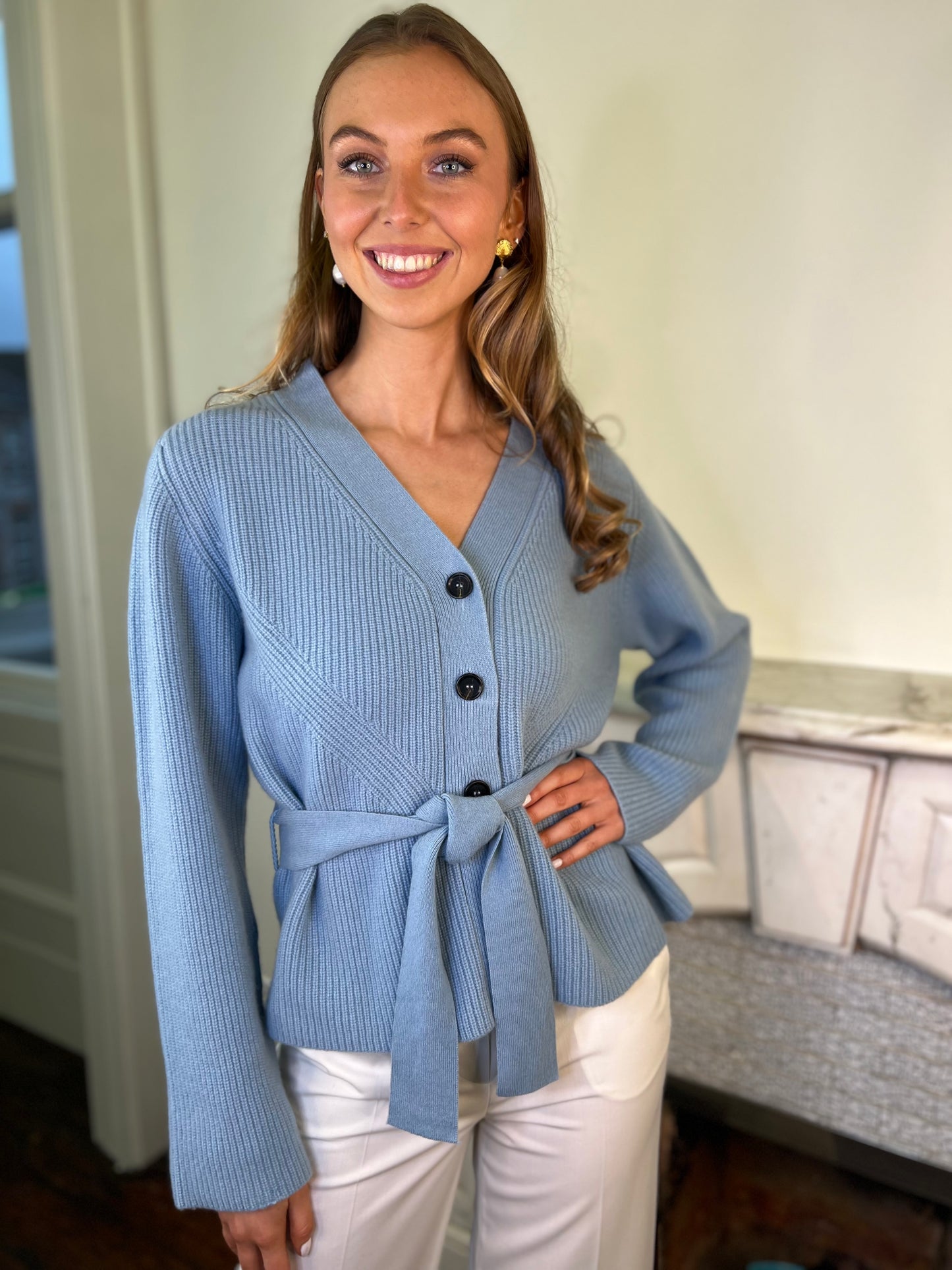 Dave Ribbed Cashmere Belted Cardigan in Gemini Blue