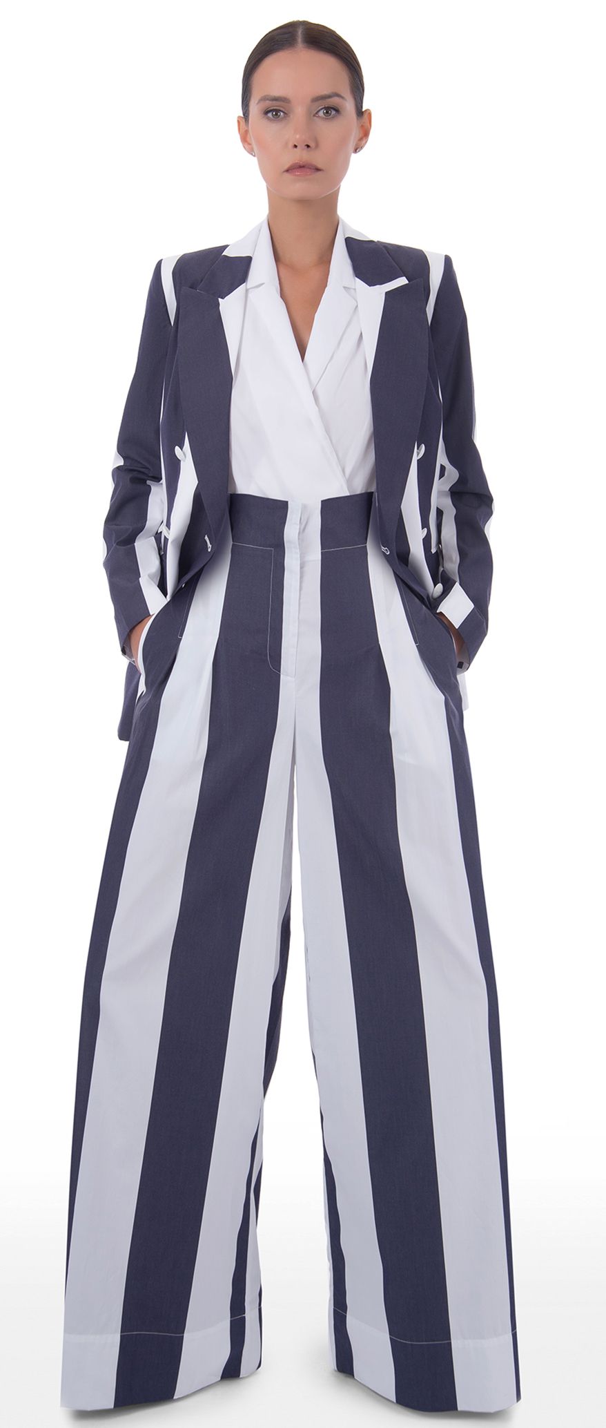 Kayrona Navy And White High Waisted Wide Leg Trousers