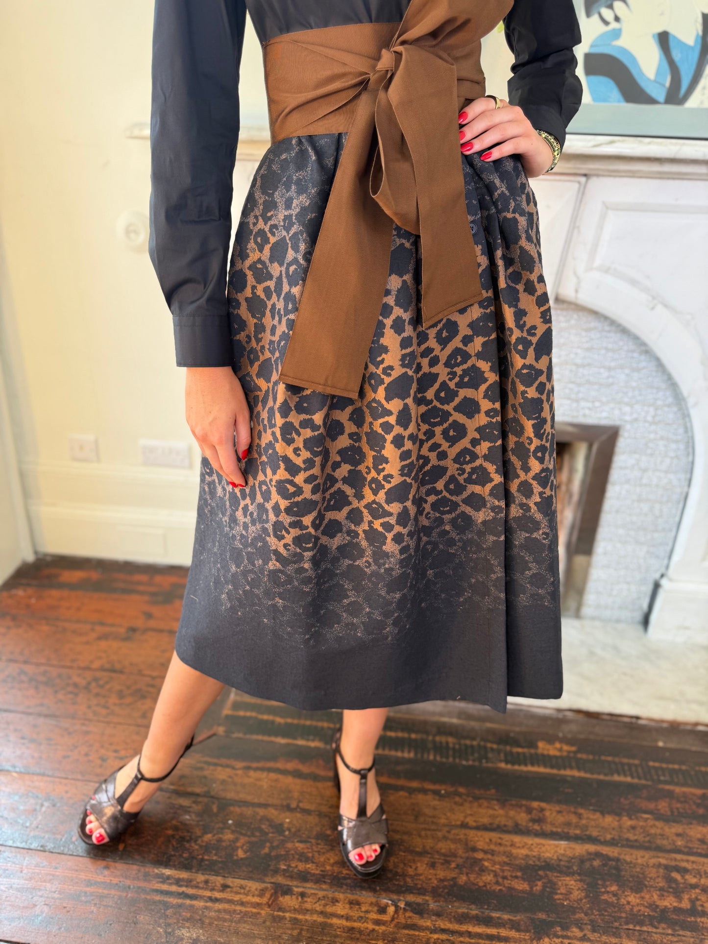 Sara Roka Black and Bronze Animalier Shirt Dress