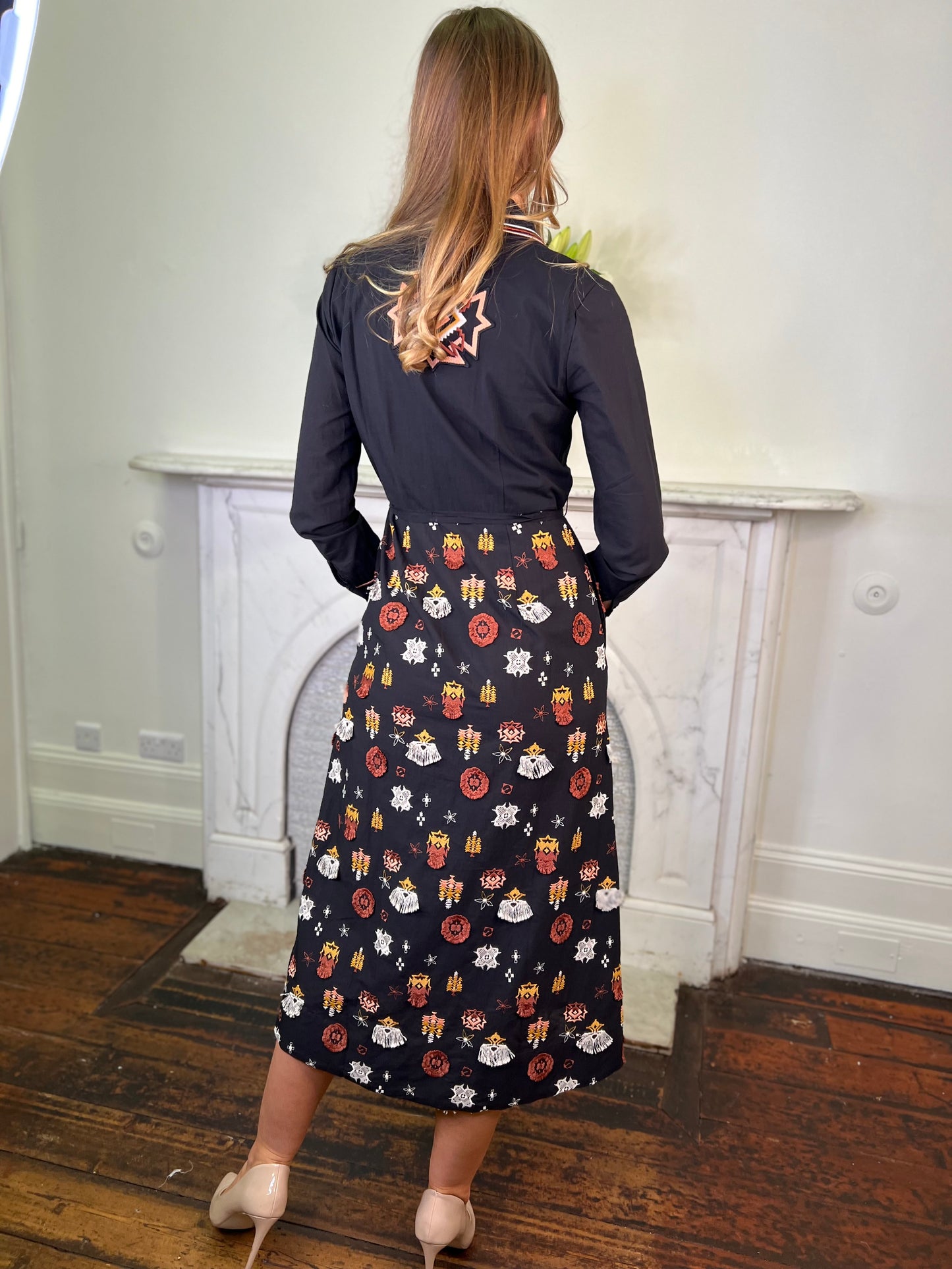 Esmerelda Cotton Day Dress with Embroidered Detail on Skirt and Collar and Beaded Buttons