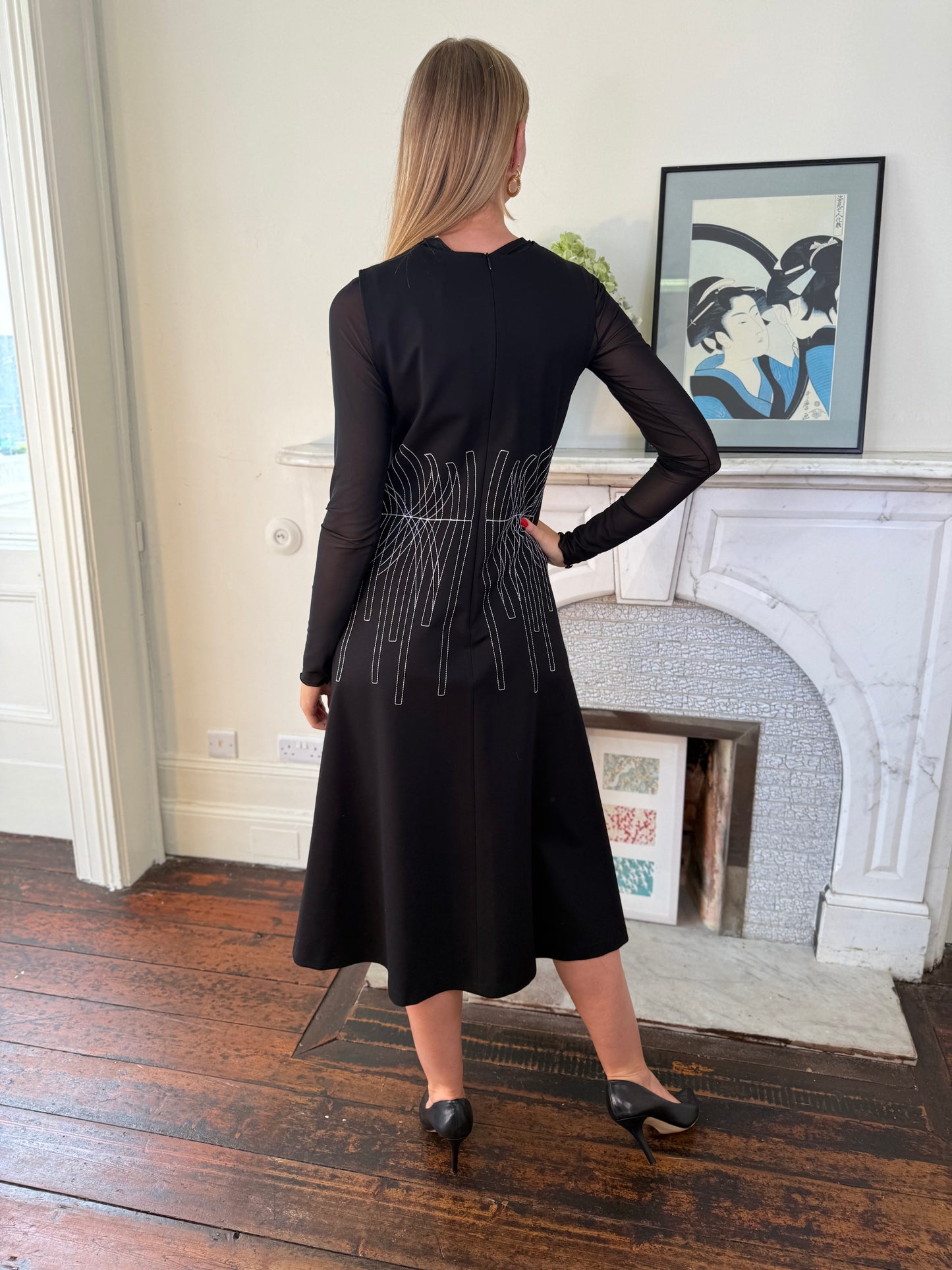Beatrice B Black Sleeveless Fit and Flare Jersey Dress with White Stitching Detail