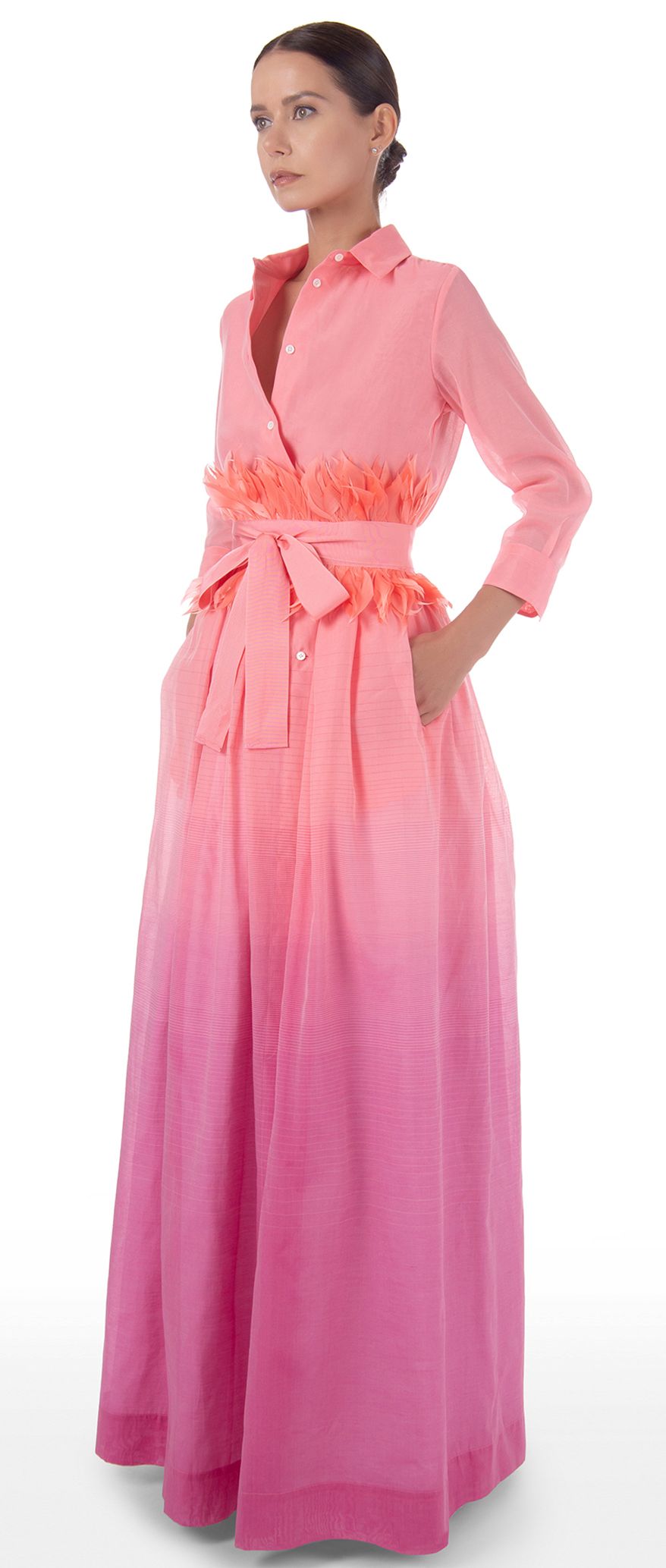 Enda Silk Cotton Coral Pink and Cerise Pink Midi Shirt  Dress with Gross Grain Belt