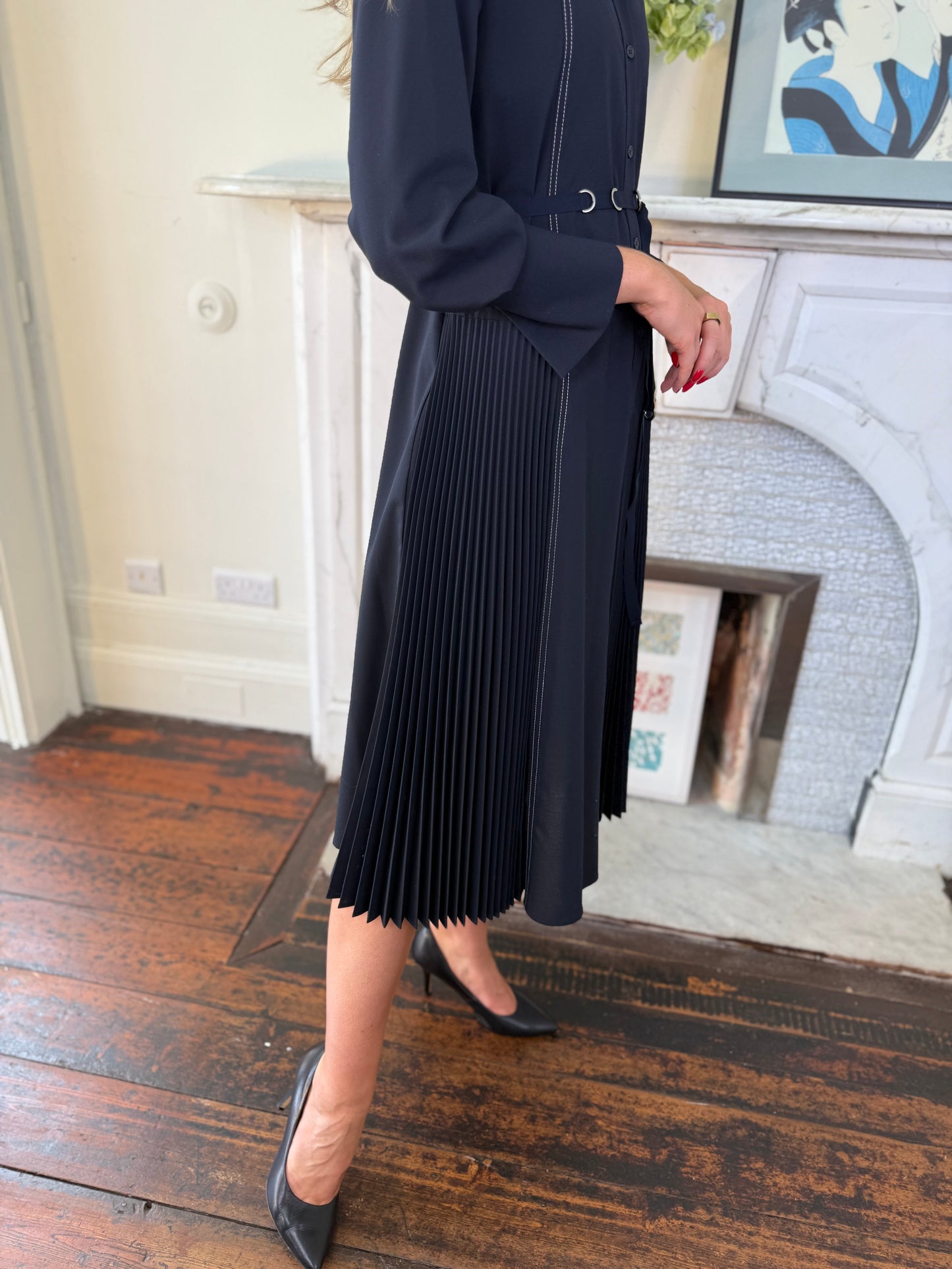 Beatrice B Dark Sapphire Shirt Dress with White Stitching Detail