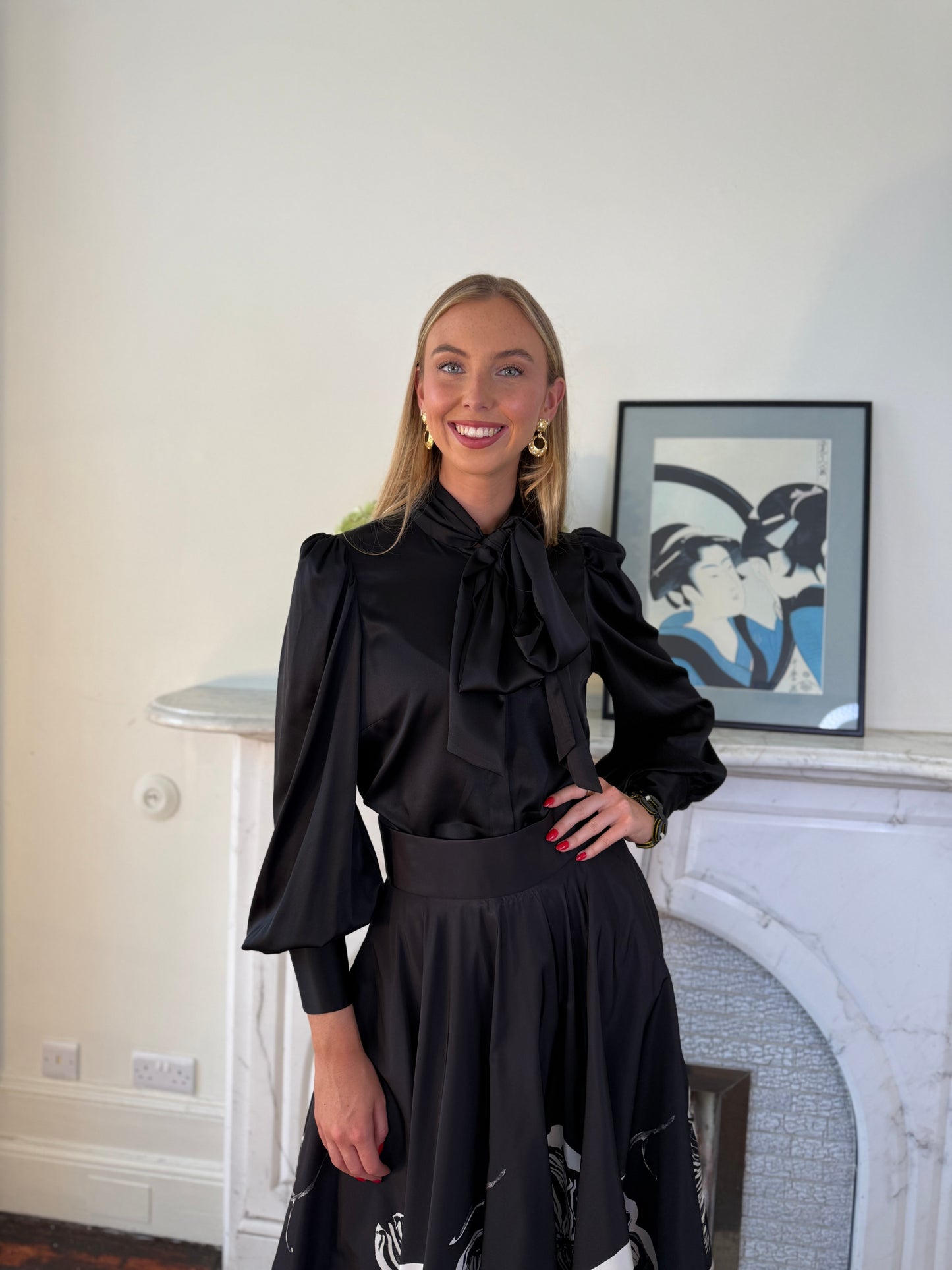 Sara Roka Black Silk Blouse with Bow Tie Detail