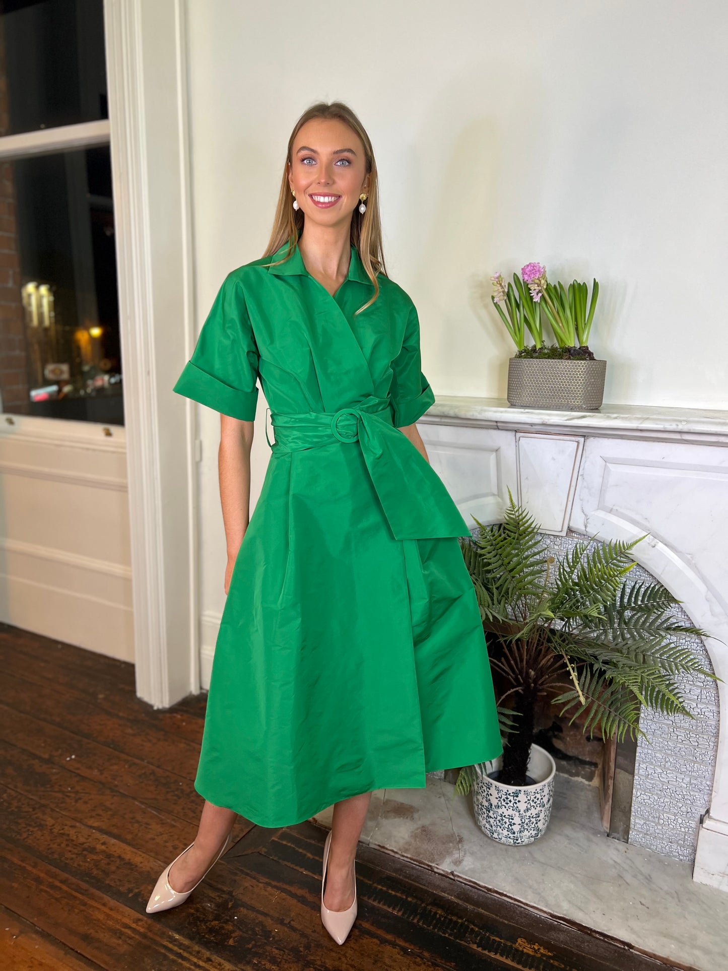 Moskada Emerald Green Taffeta Wrap Dress with Short Sleeve