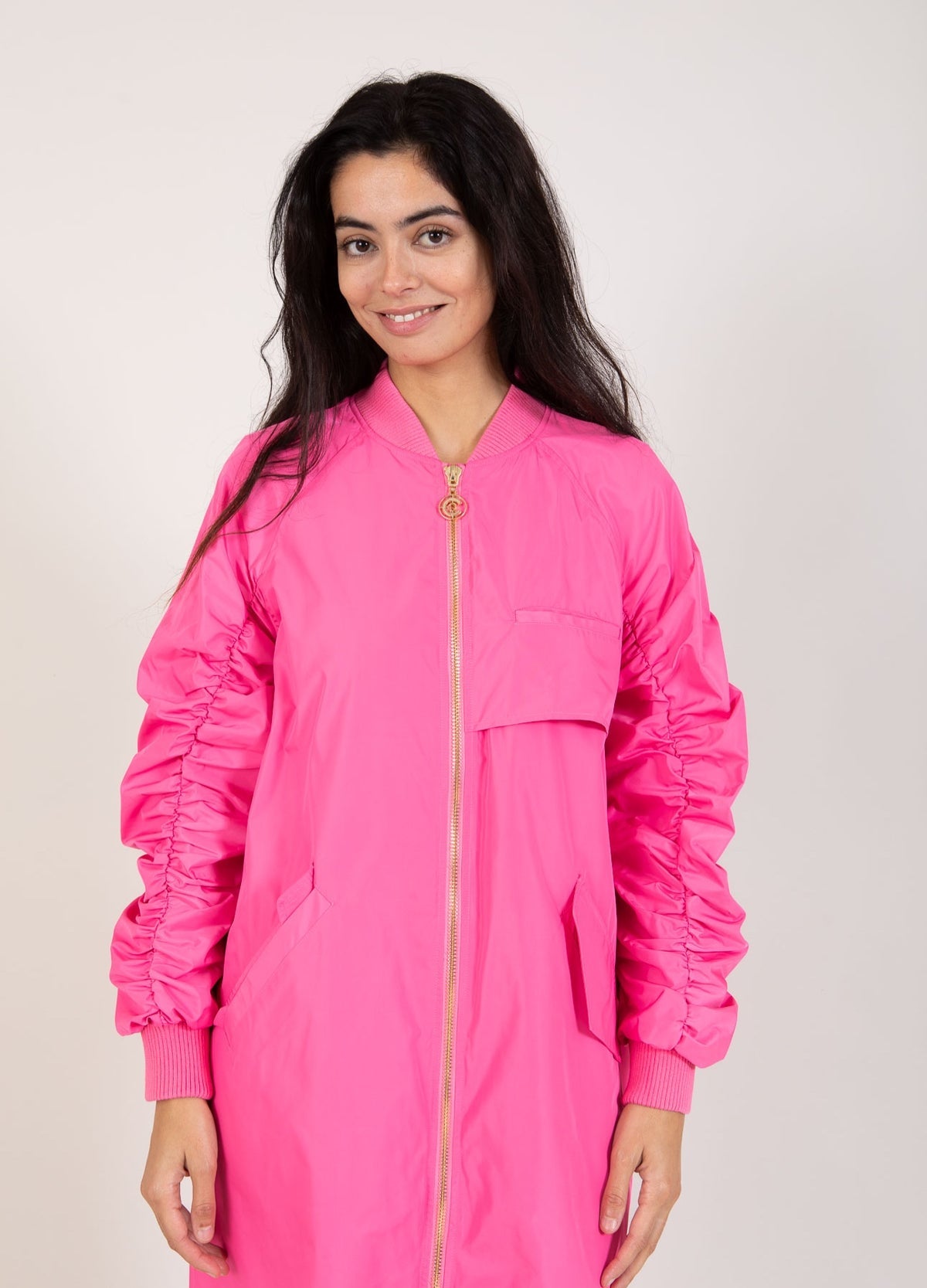 Bubblegum Pink Long Bomber Jacket