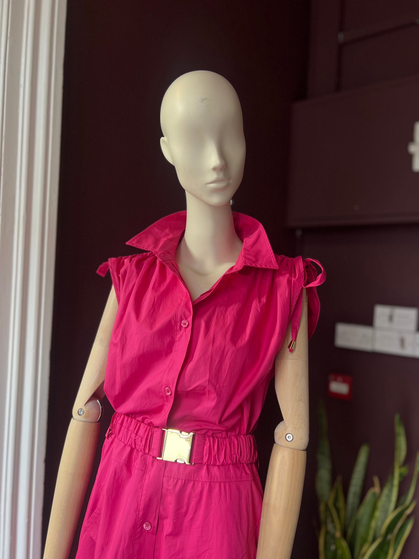 Cerise Pink Cotton Poplin Sleeveless Shirt Dress