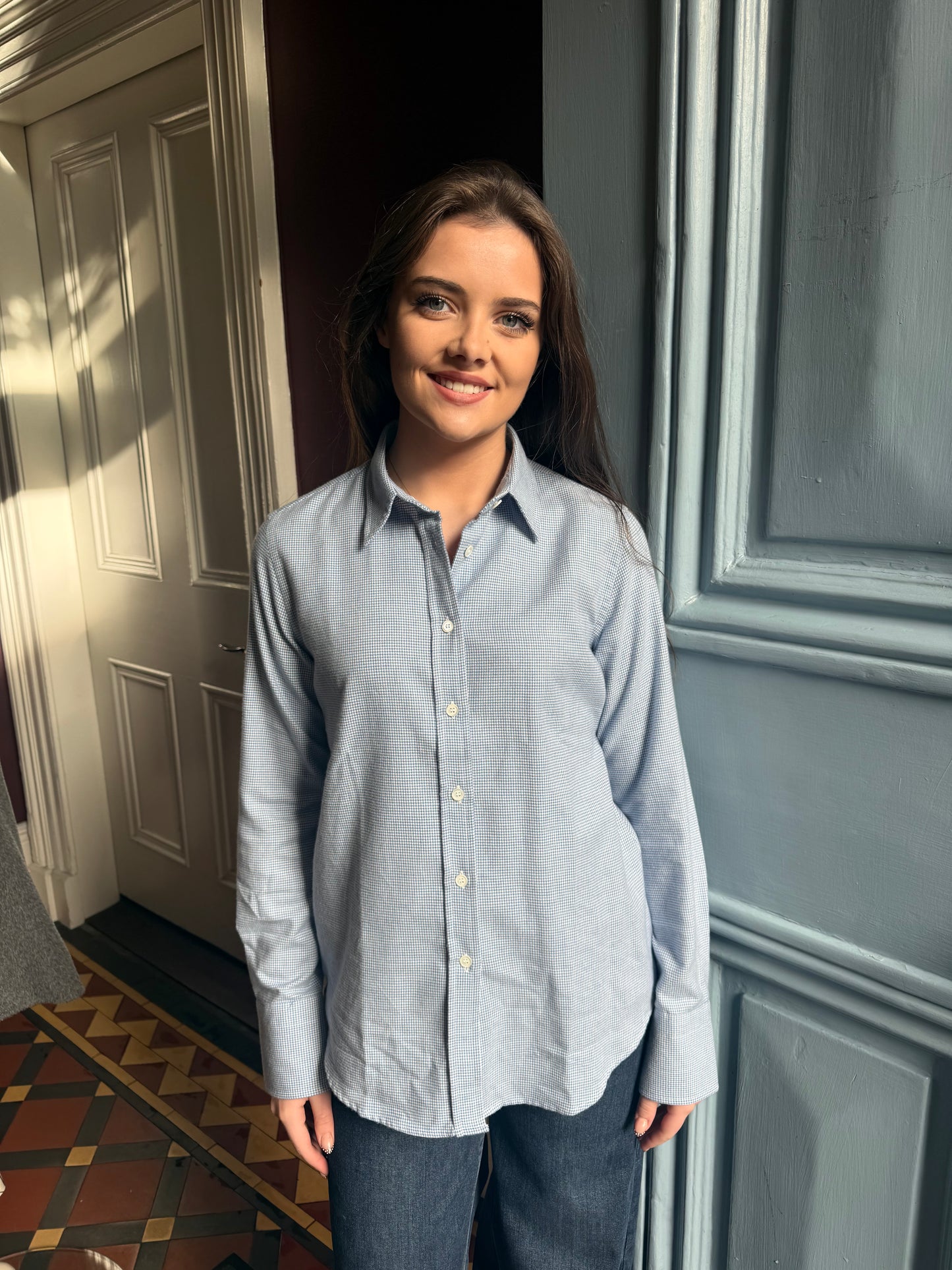 Caliban Blue Houndstooth Brushed Cotton Shirt