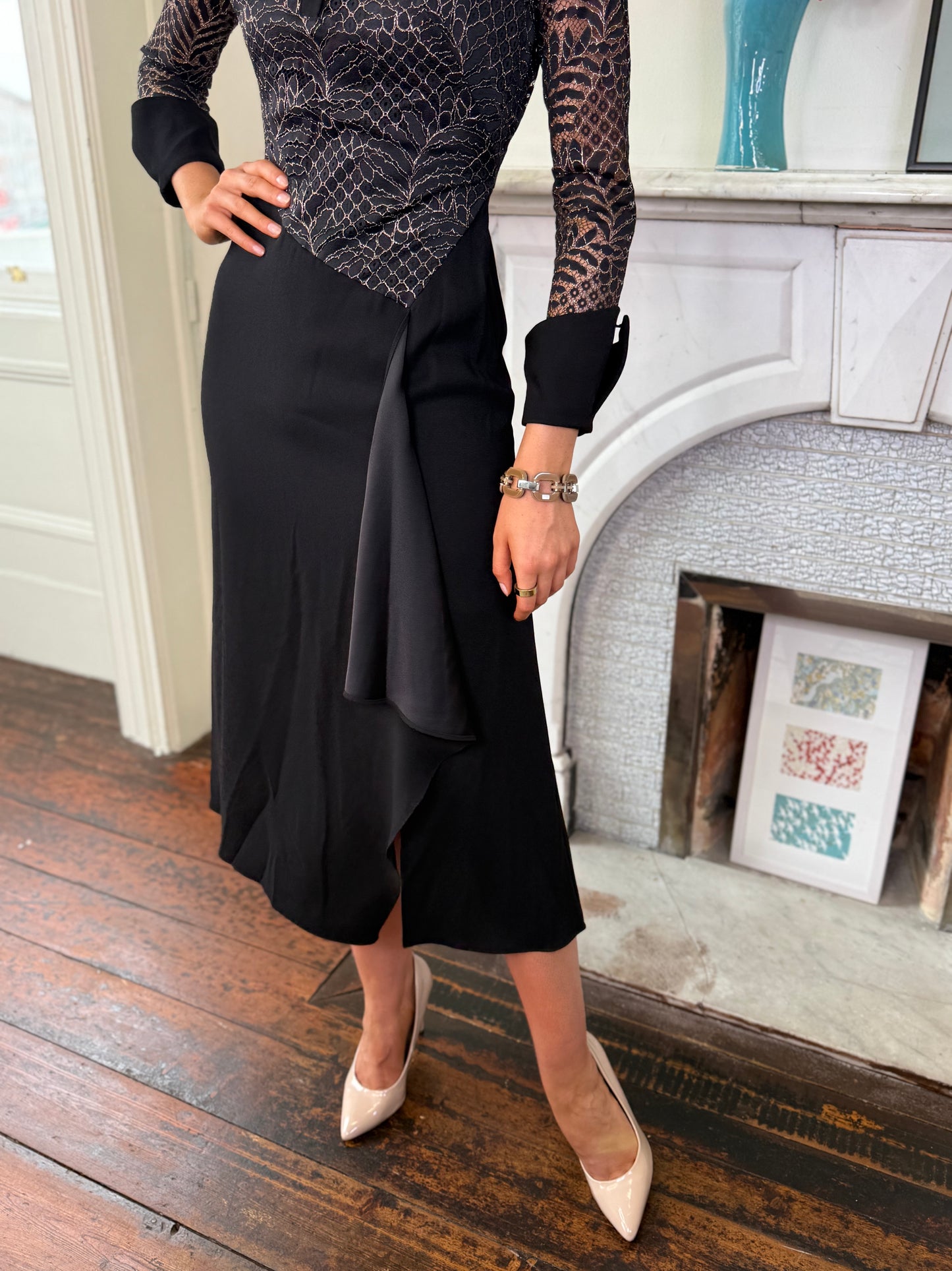 Kameya Black Lace and Satin Dress with Cuff and Collar Detail