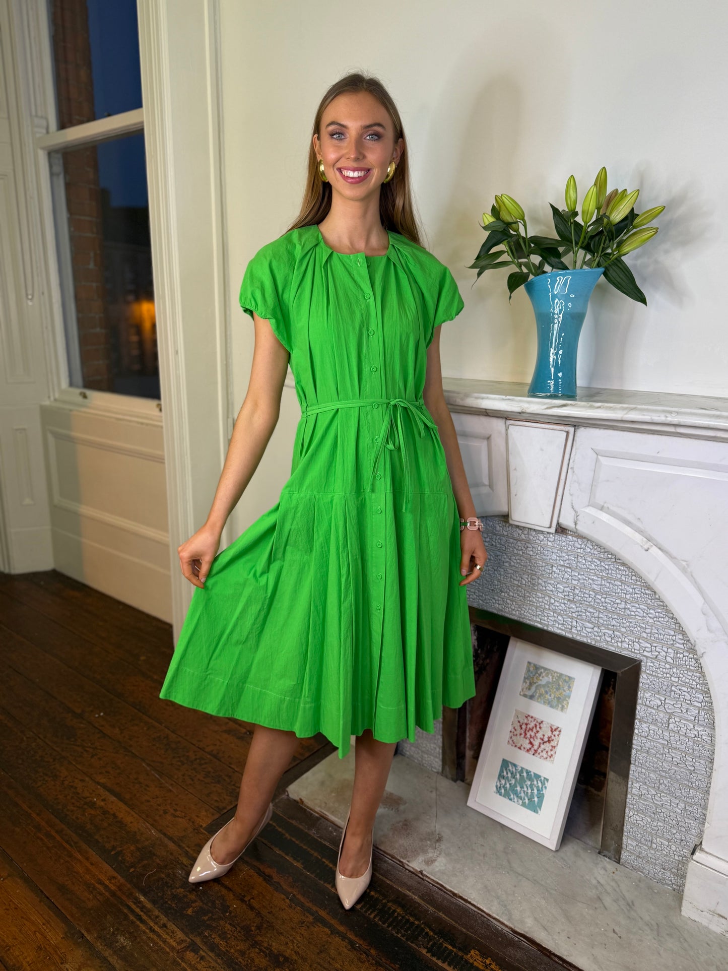 Beatrice B Atlas Green Drop Waist Dress in Cotton Poplin