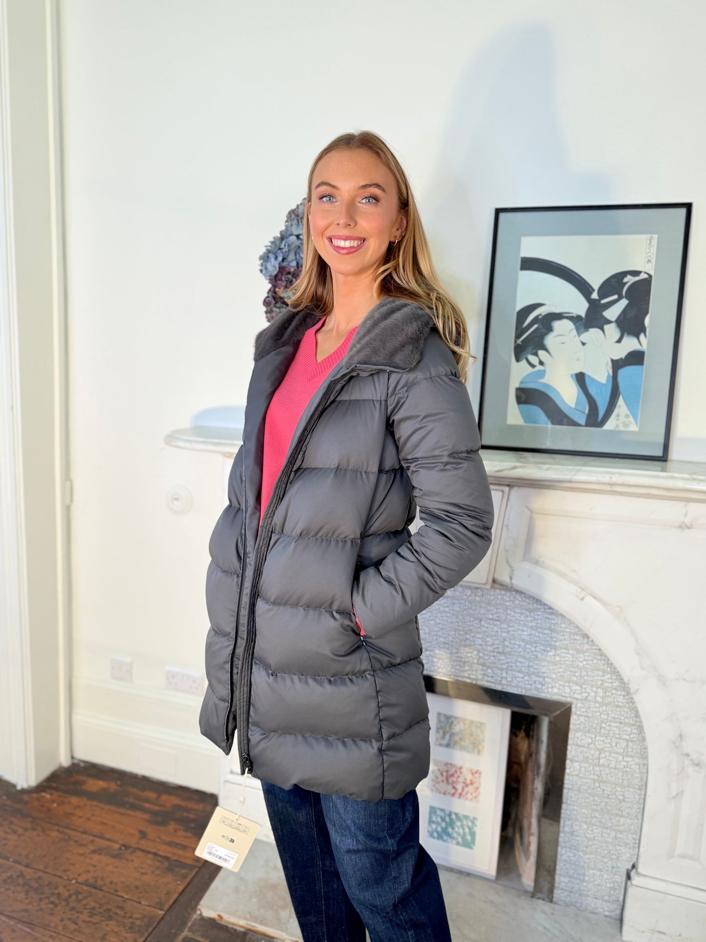 Herno Arendelle A-Shape Grey Quilted Jacket with Faux Fur Lined Hood