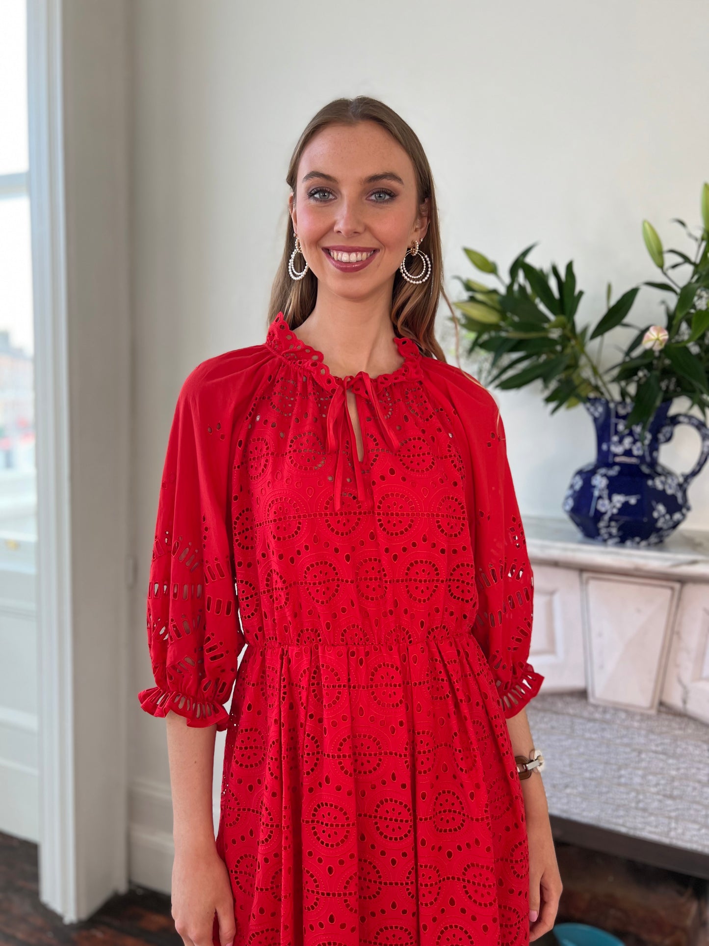 Broderie Anglaise Rust Red  Midi Dress with Three Quarter Sleeve.