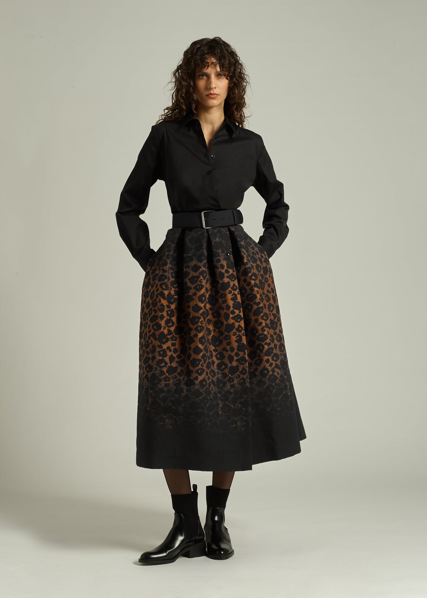 Sara Roka Black and Bronze Animalier Shirt Dress