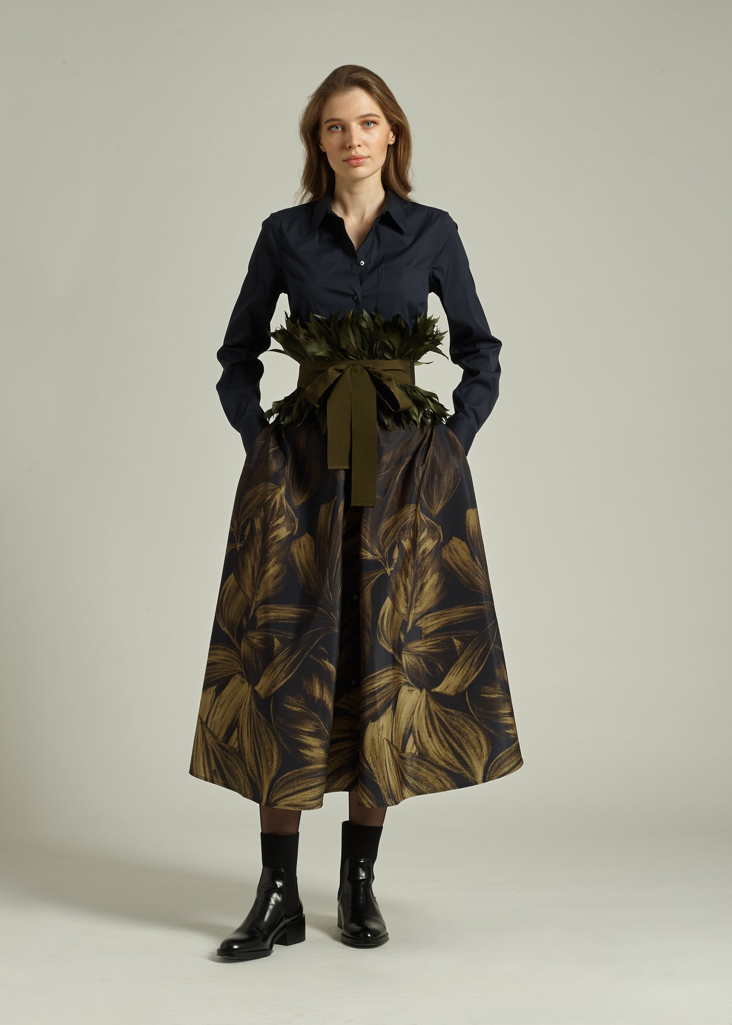 Sara Roka Navy and Army Green Shirt Dress
