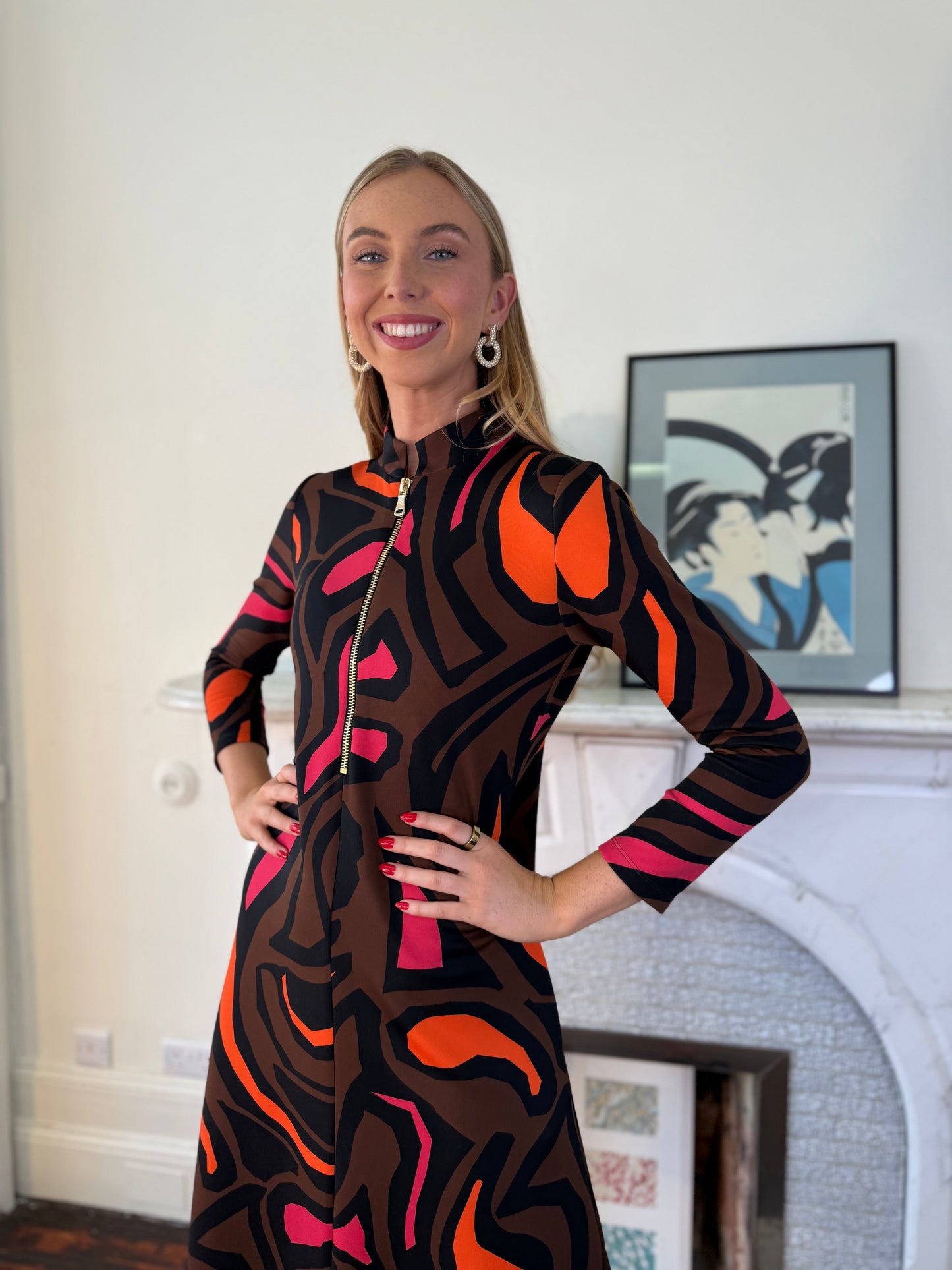 Moskada Abstract Print Neopren Dress with Zip Detail