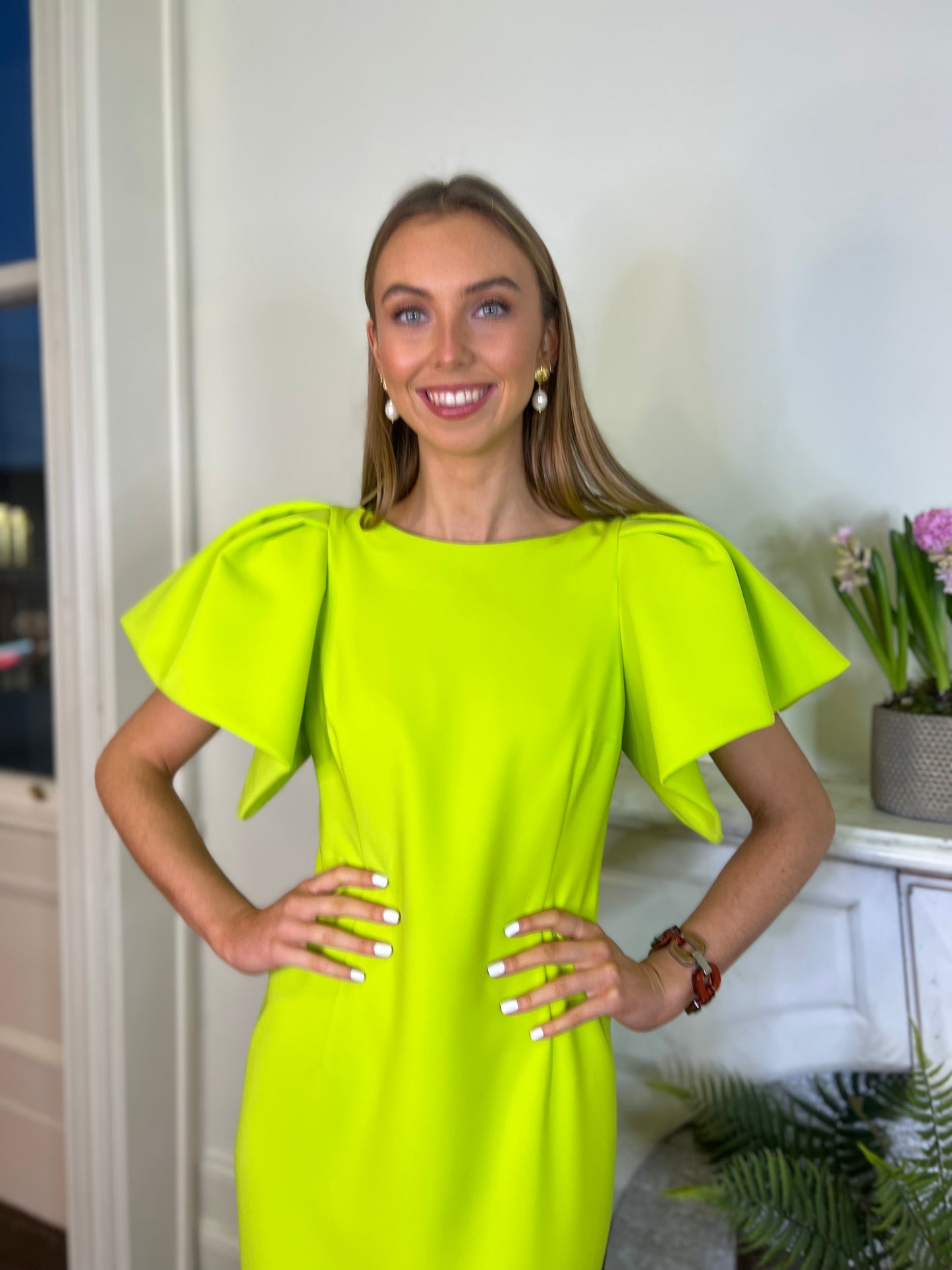 Moskada Fitted Lime Green Dress with Shoulder Detail
