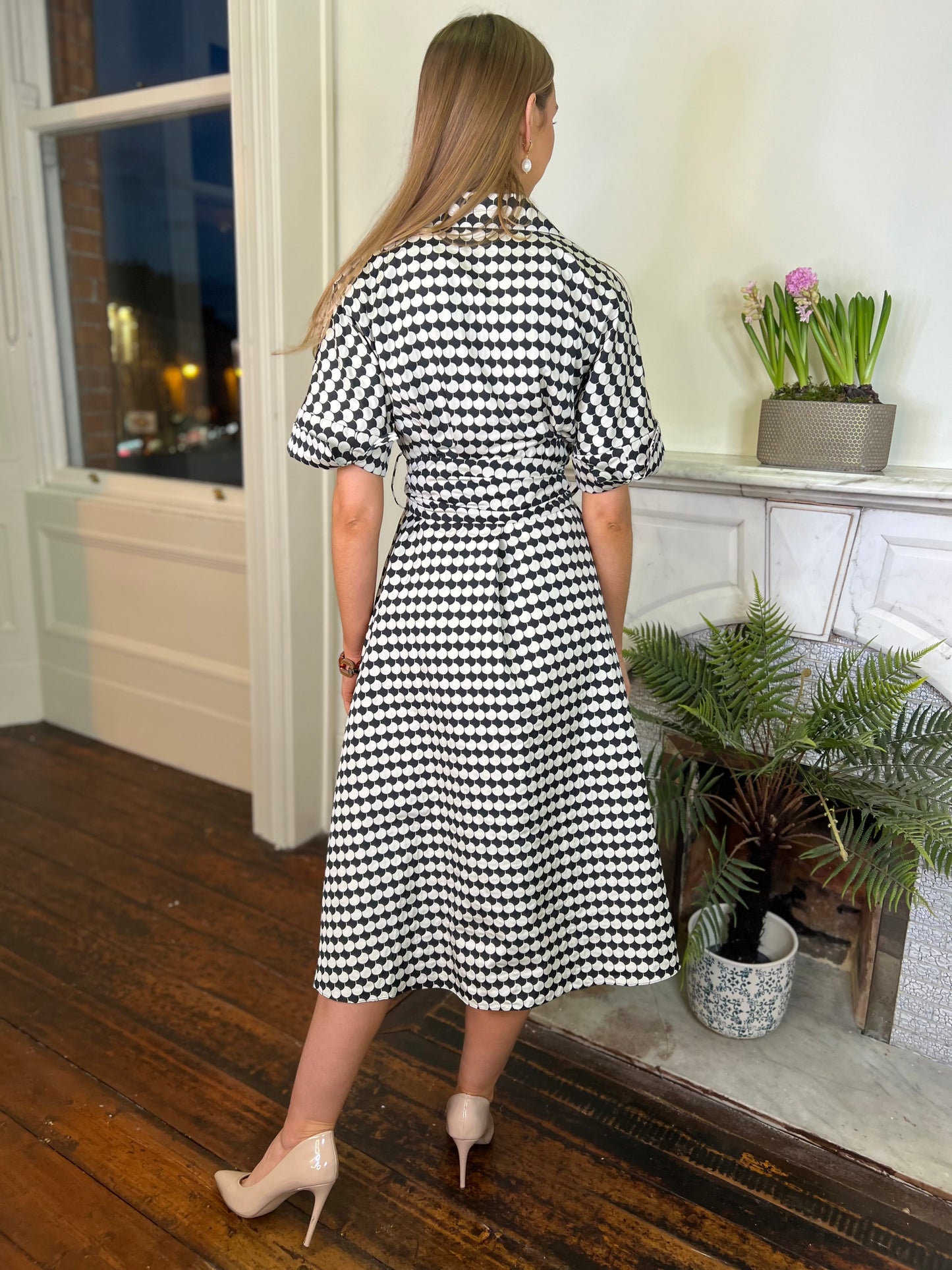 Moskada Black and White Jacquard Wrap Dress with a Hint of Magenta