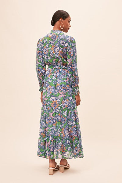 Cosmos-Floral Print Long Belted Dress