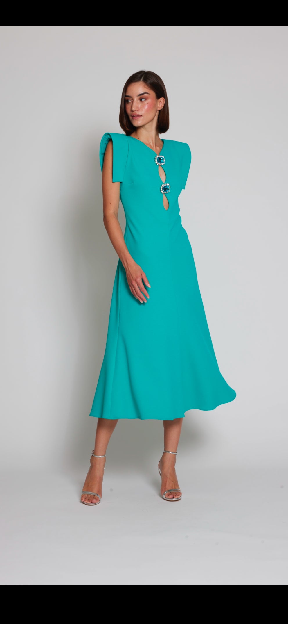 Moskada Jade Green Crepe Midi Dress with Jewel Embellishment