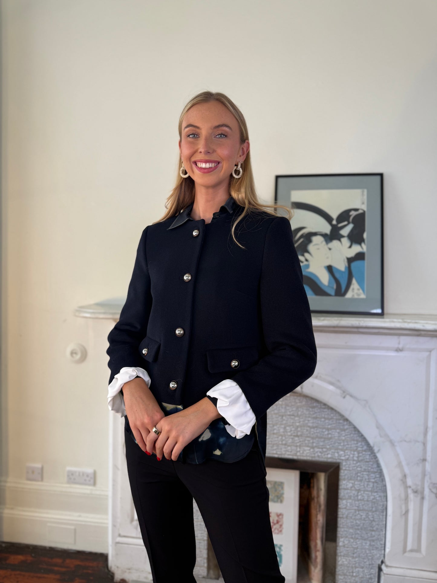 Beatrice B Dark Sapphire Wool Short Jacket with Detachable White Cuff Detail
