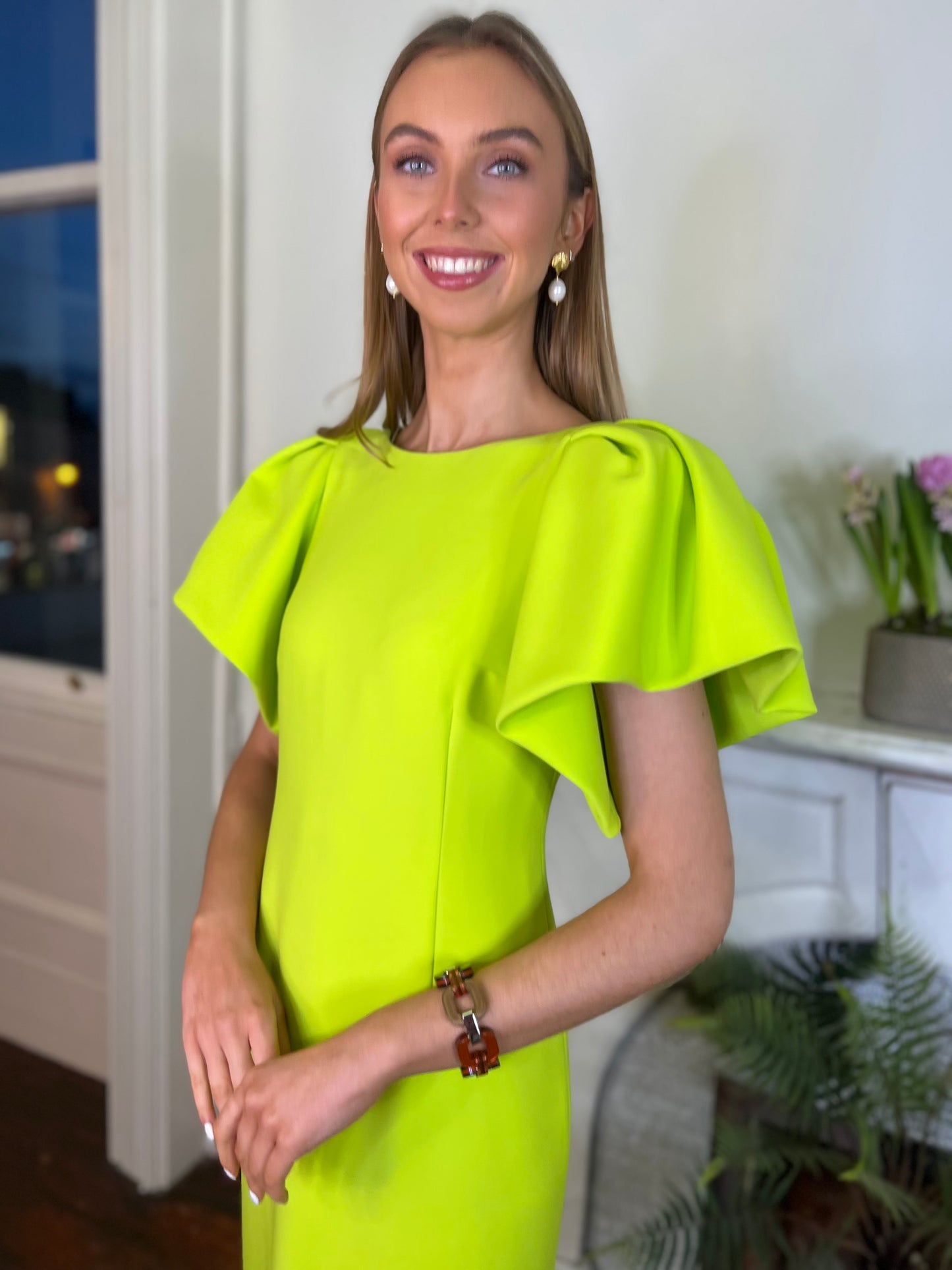 Moskada Fitted Lime Green Dress with Shoulder Detail