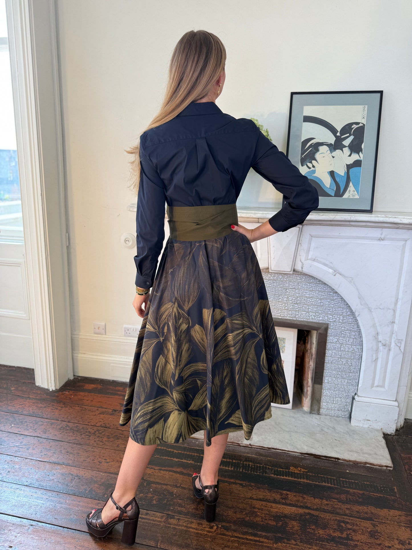 Sara Roka Navy and Army Green Shirt Dress