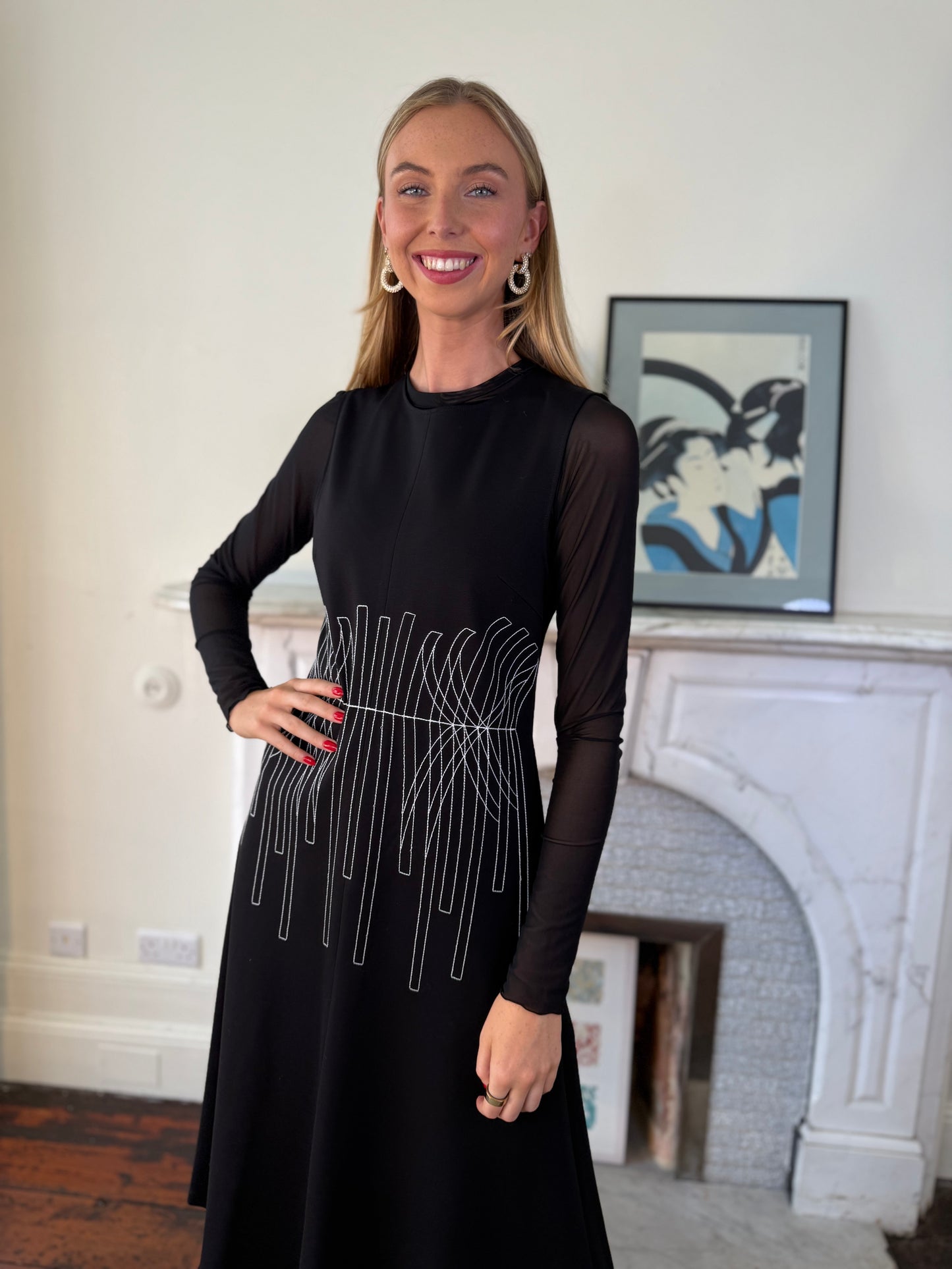 Beatrice B Black Sleeveless Fit and Flare Jersey Dress with White Stitching Detail