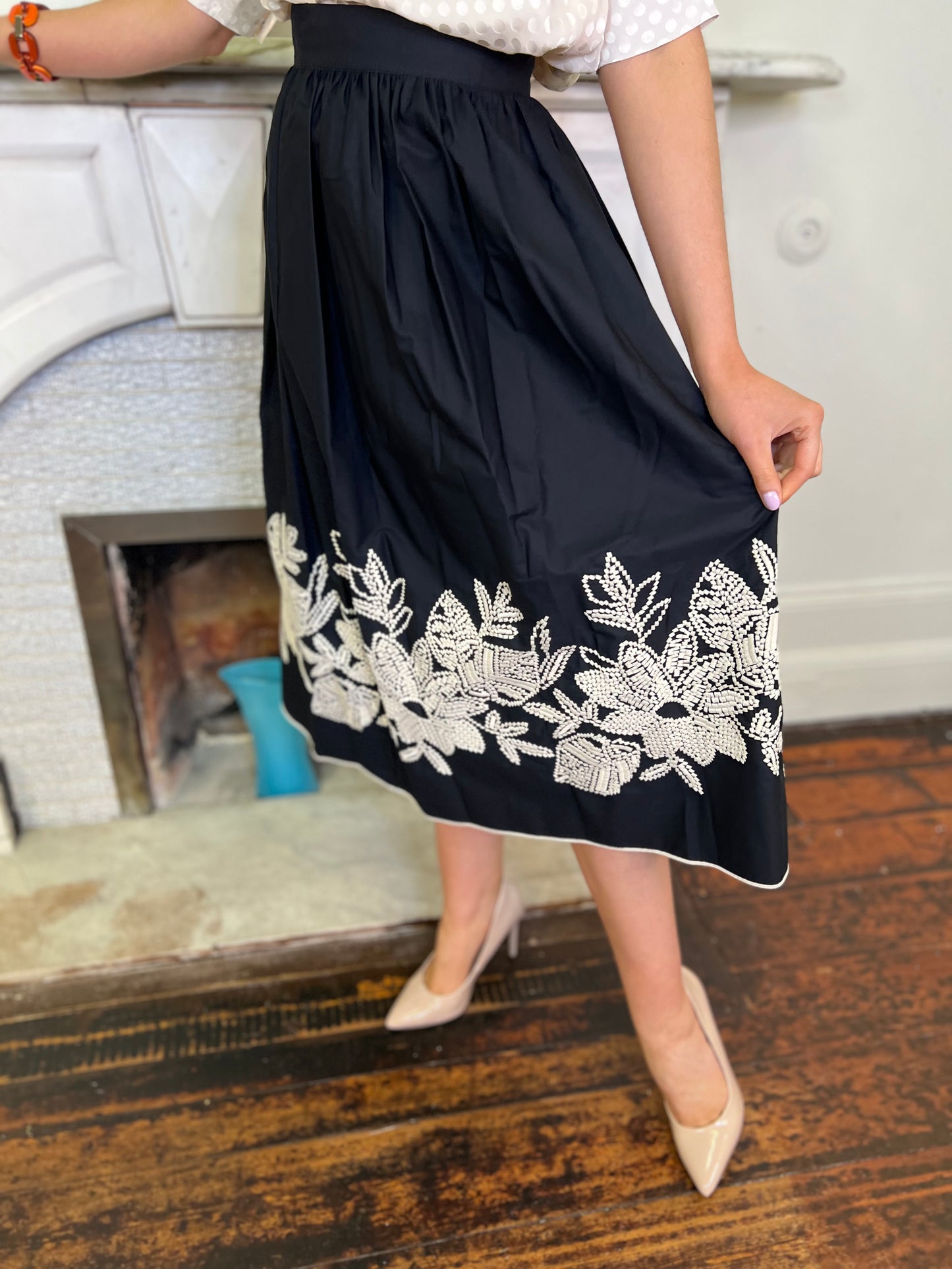 Black Cotton Poplin Skirt with Cream Embroidered Detail