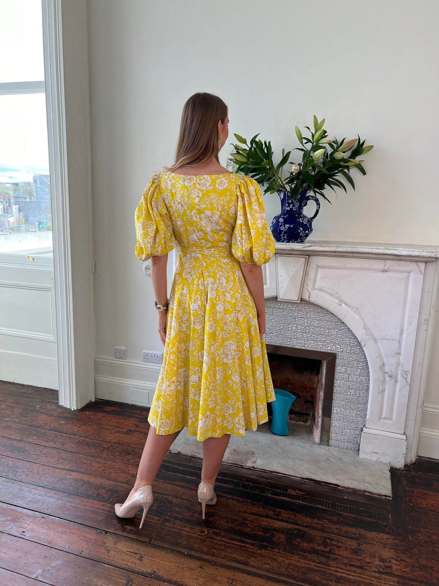 Holly Ocher Yellow Flower print dress with V Neck and Puff Sleeves