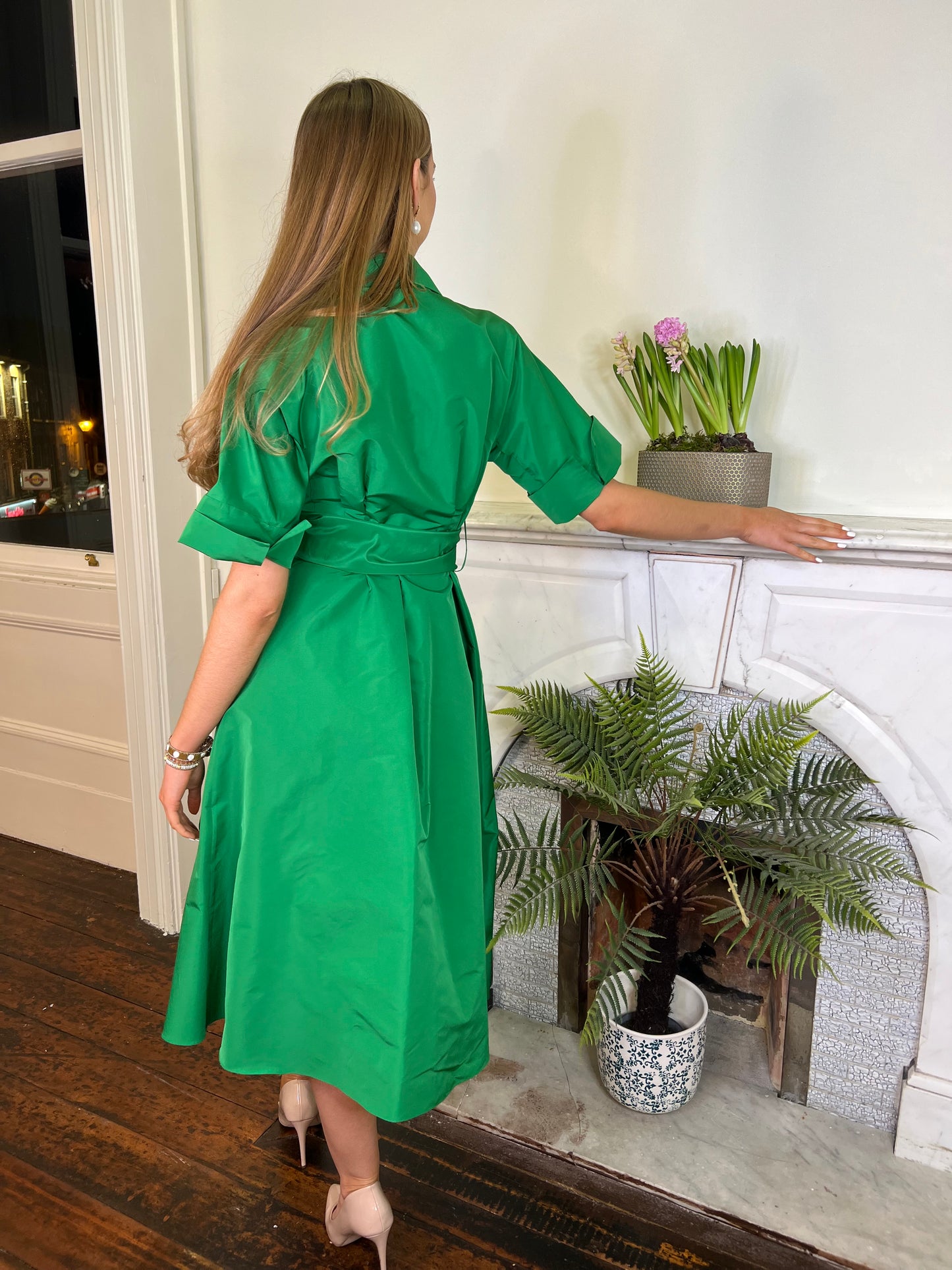 Moskada Emerald Green Taffeta Wrap Dress with Short Sleeve