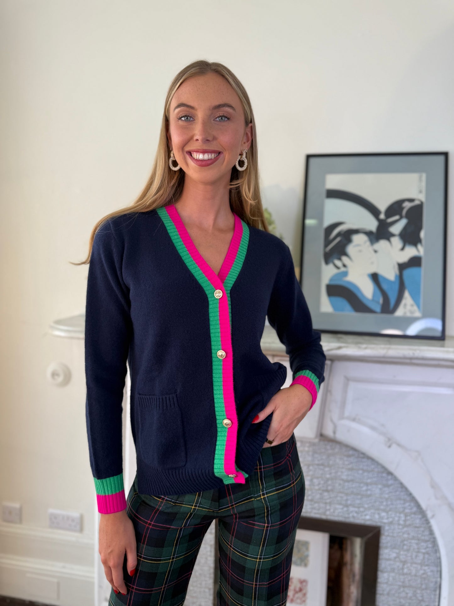 Vilagallo Navy Wool-Blend Cardigan With Coloured Trims