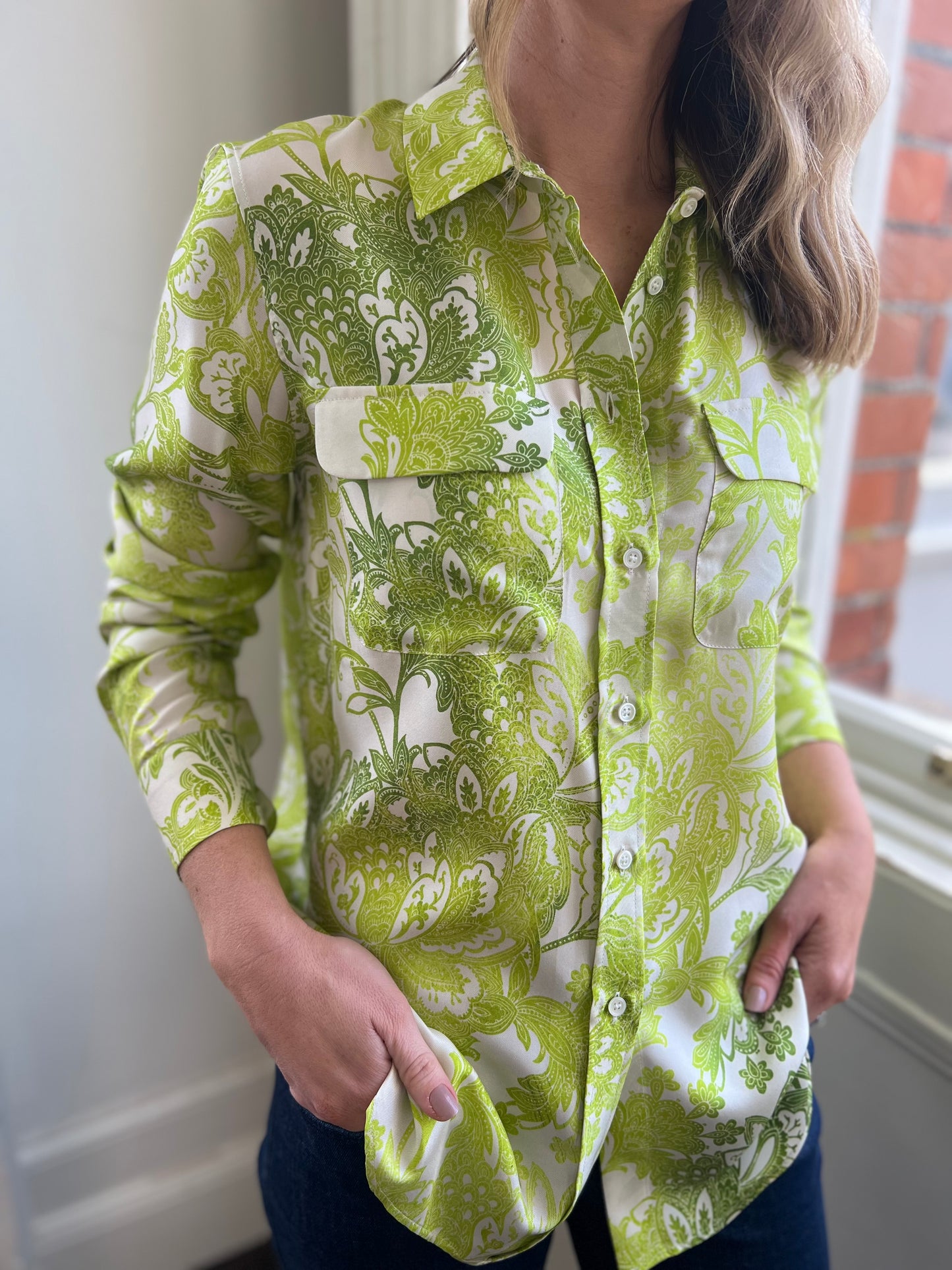 Lime Green Silk Shirt with Pockets