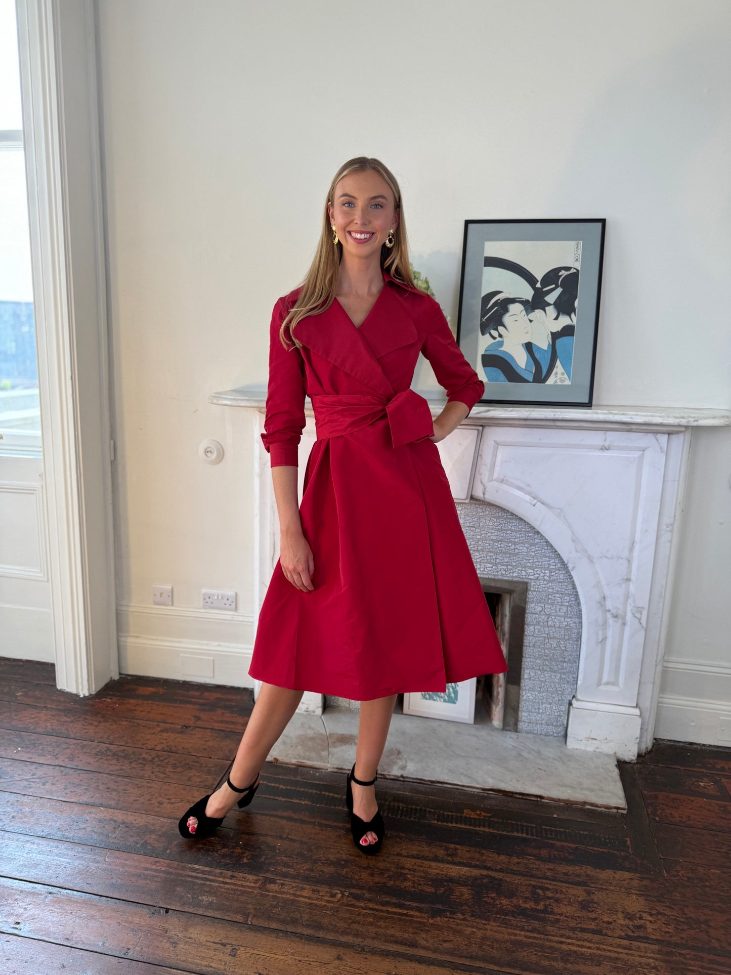 Moskada Burgundy Red Wrap Taffeta Dress with Belt