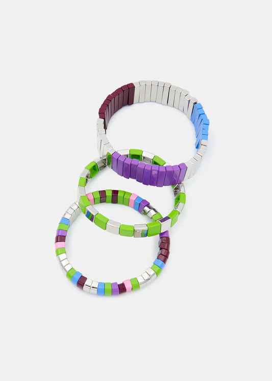 Silver Green And Purple Set of Bracelets