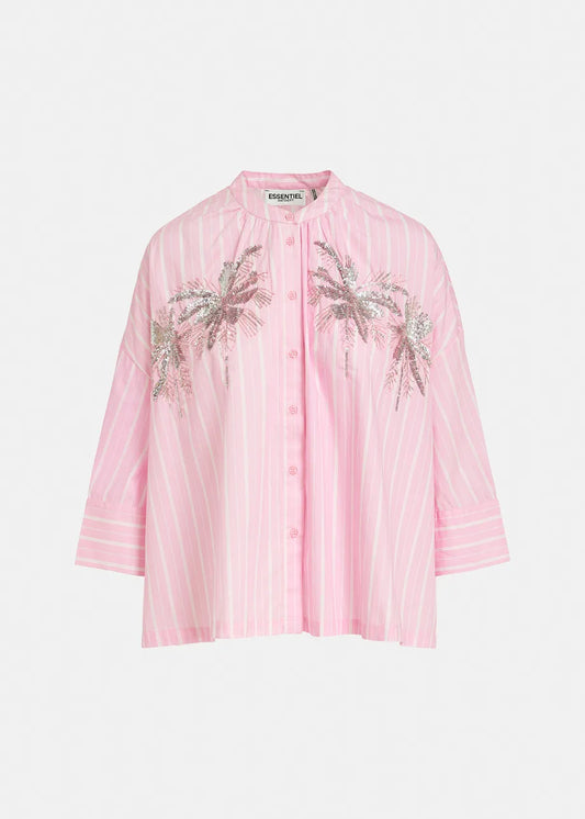 Pink And White Striped Shirt With Embroidery