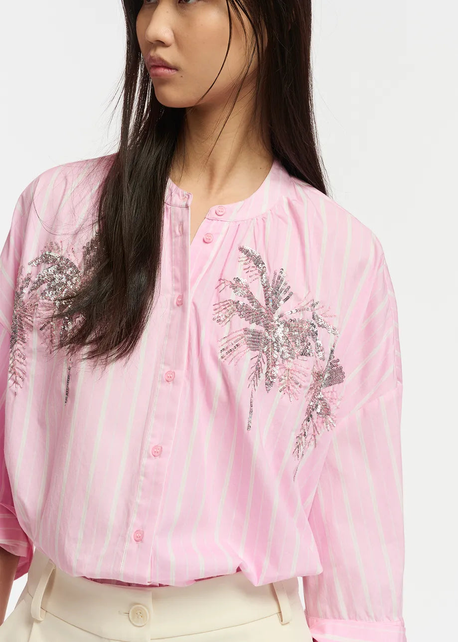 Pink And White Striped Shirt With Embroidery