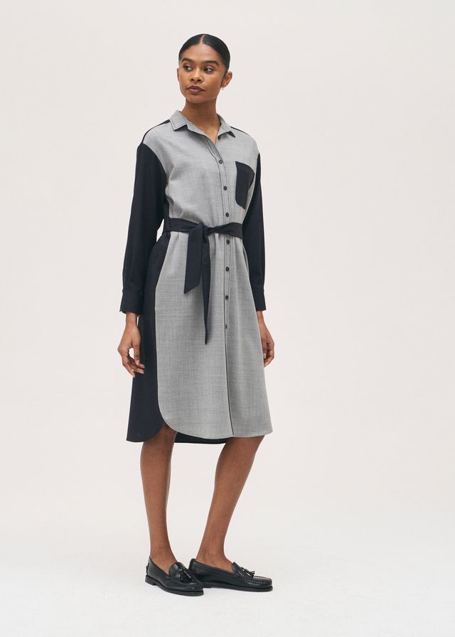 Rosso35 Grey and Navy Wool mix Shirt Dress with Belt