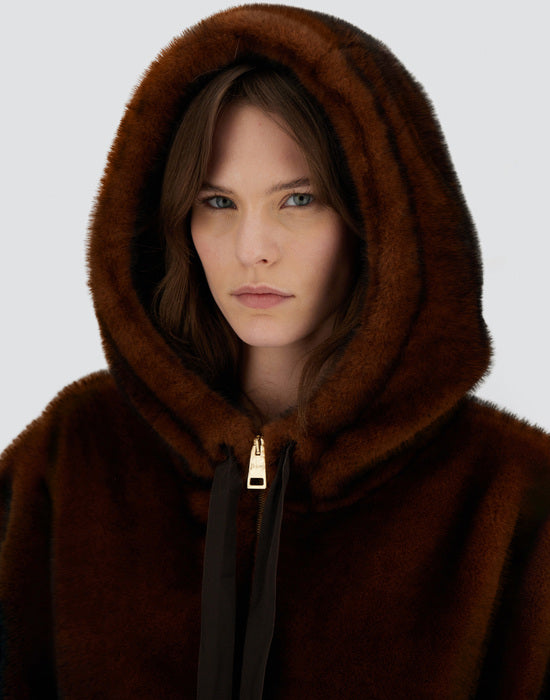 Herno Faux Fur Chocolate Brown Bomber Jacket with Hood